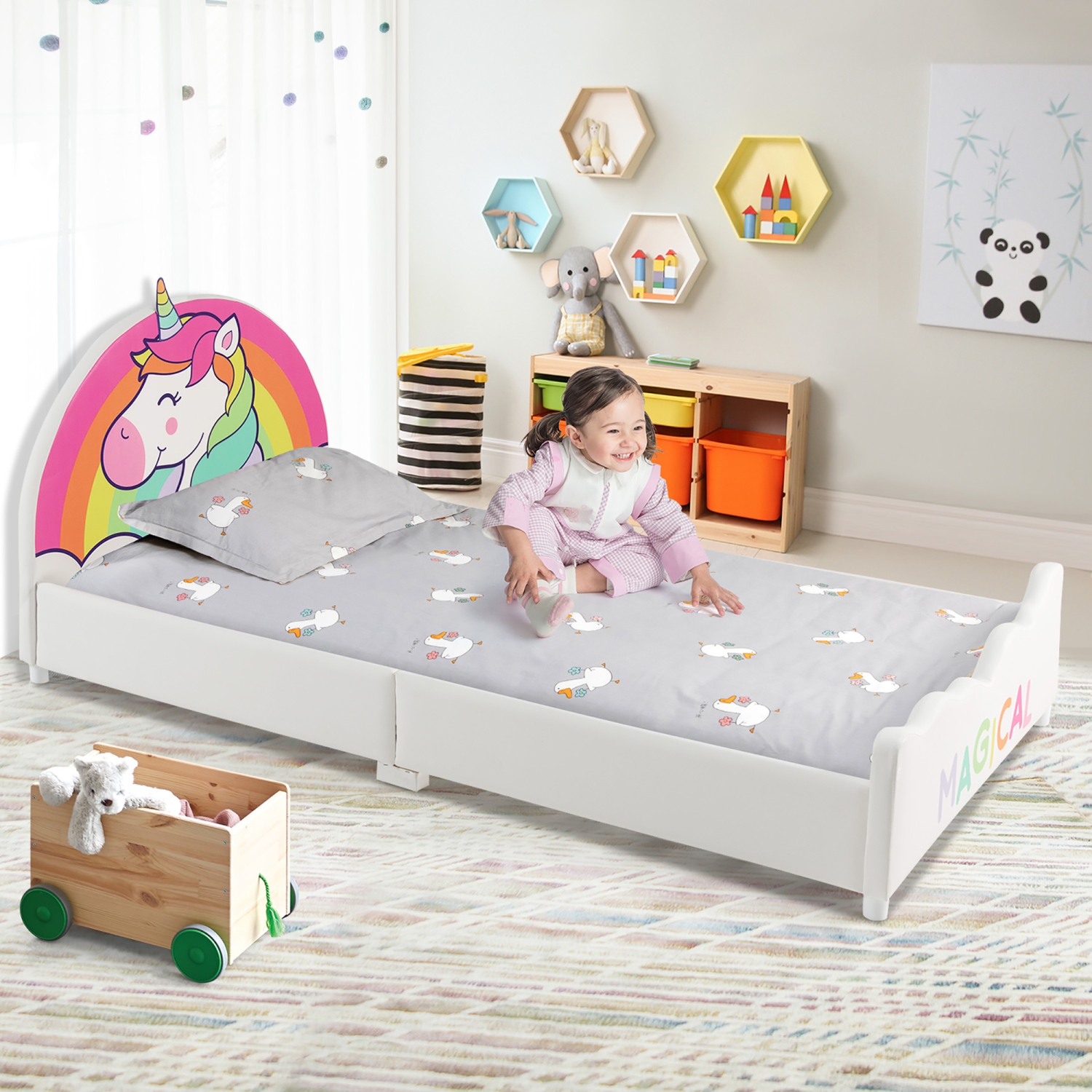Costway Twin Bed Frames for Kids, Toddler Wooden Twin Bed Platform with Headboard & Slat Base, Children Bedroom Furniture, Fits Standard Twin