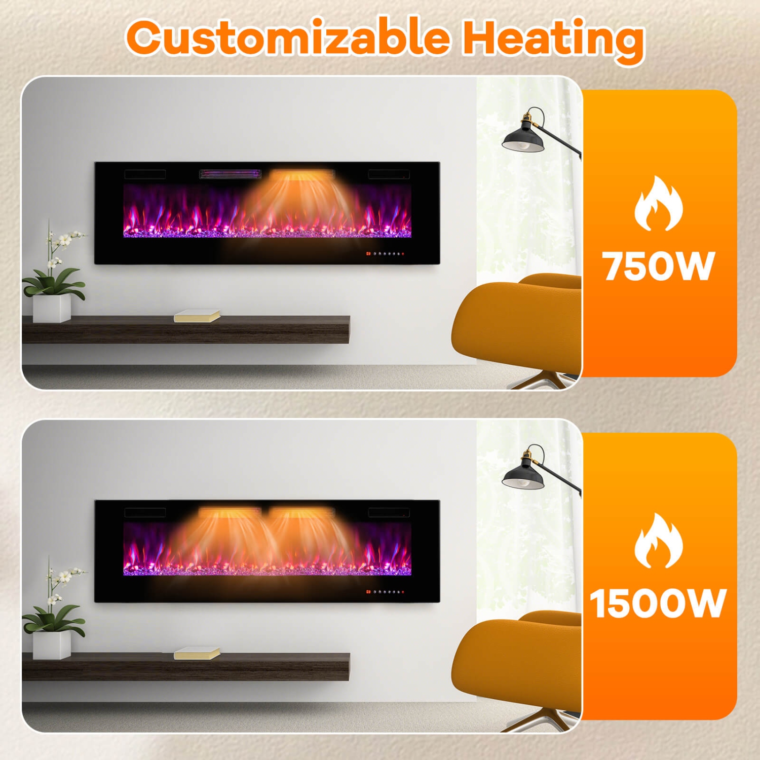 Costway Ultra-Thin Electric Fireplace 60-inch Wide, 750W/1500W Wall-Mounted and Recessed Fireplace Heater with 12 Flame and Flame Bed Color, Remote