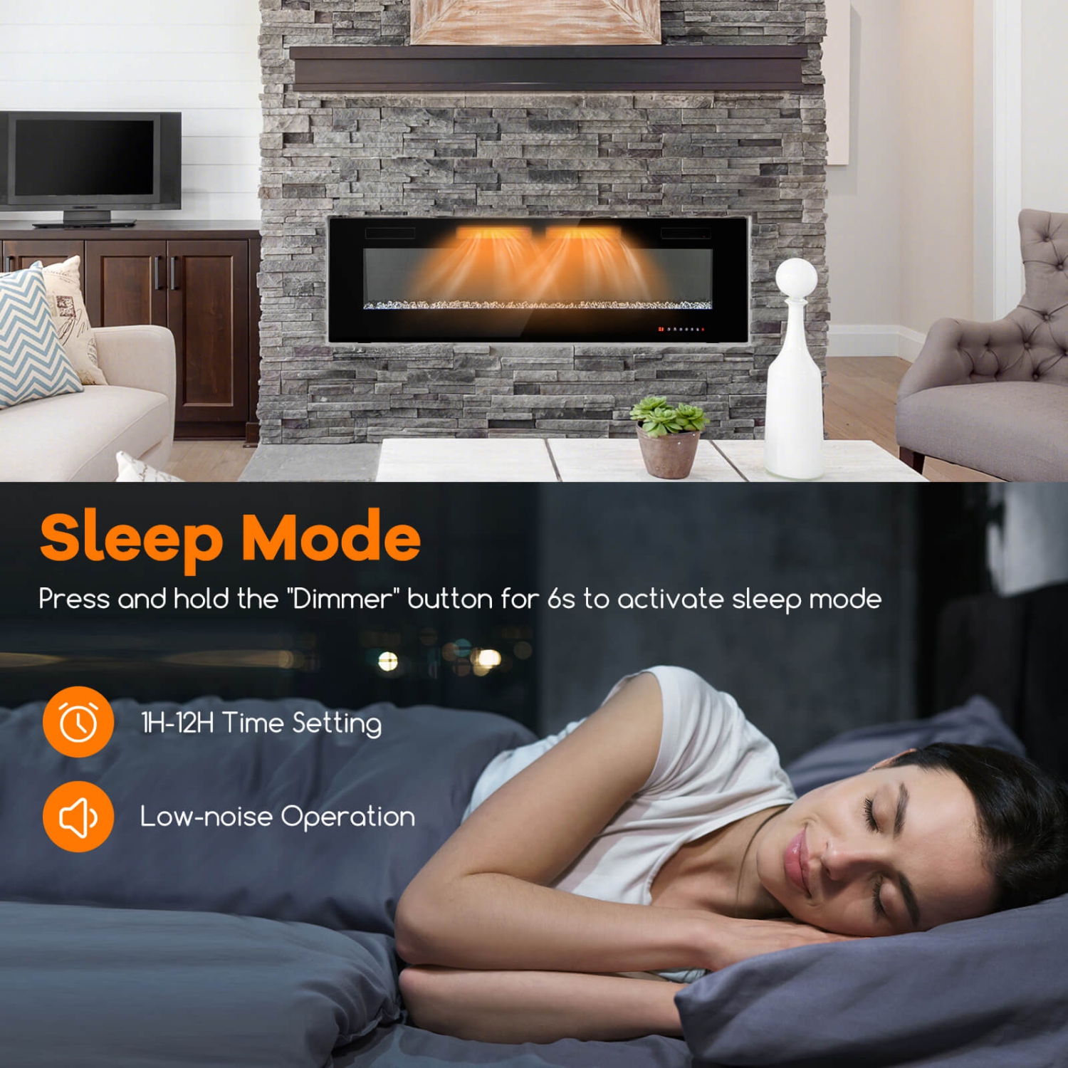Costway Ultra-Thin Electric Fireplace 60-inch Wide, 750W/1500W Wall-Mounted and Recessed Fireplace Heater with 12 Flame and Flame Bed Color, Remote