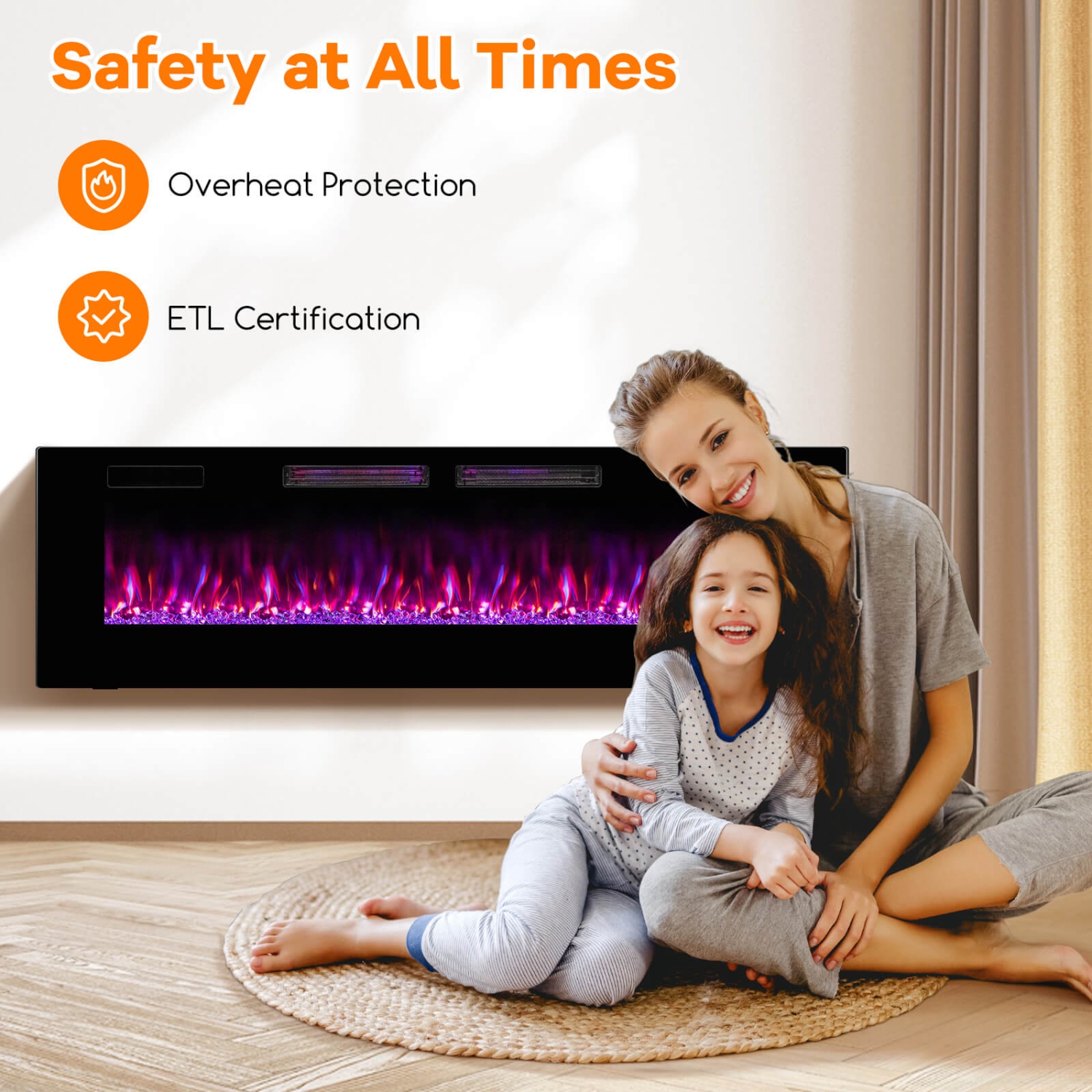 Costway Ultra-Thin Electric Fireplace 60-inch Wide, 750W/1500W Wall-Mounted and Recessed Fireplace Heater with 12 Flame and Flame Bed Color, Remote