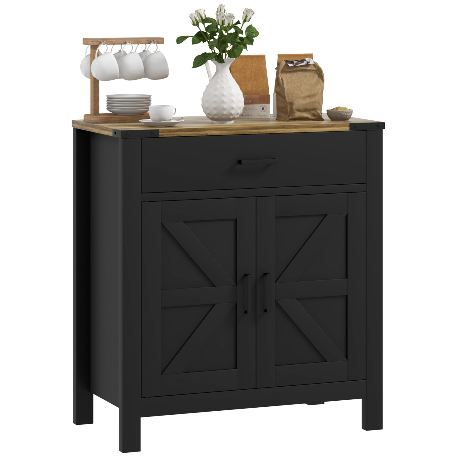 HOMCOM Sideboard with 1 Drawer 1 Storage Cabinet, Buffet Cabinet with Barn-style Doors and Adjustable Shelf, Farmhouse Kitchen Cabinet, Black