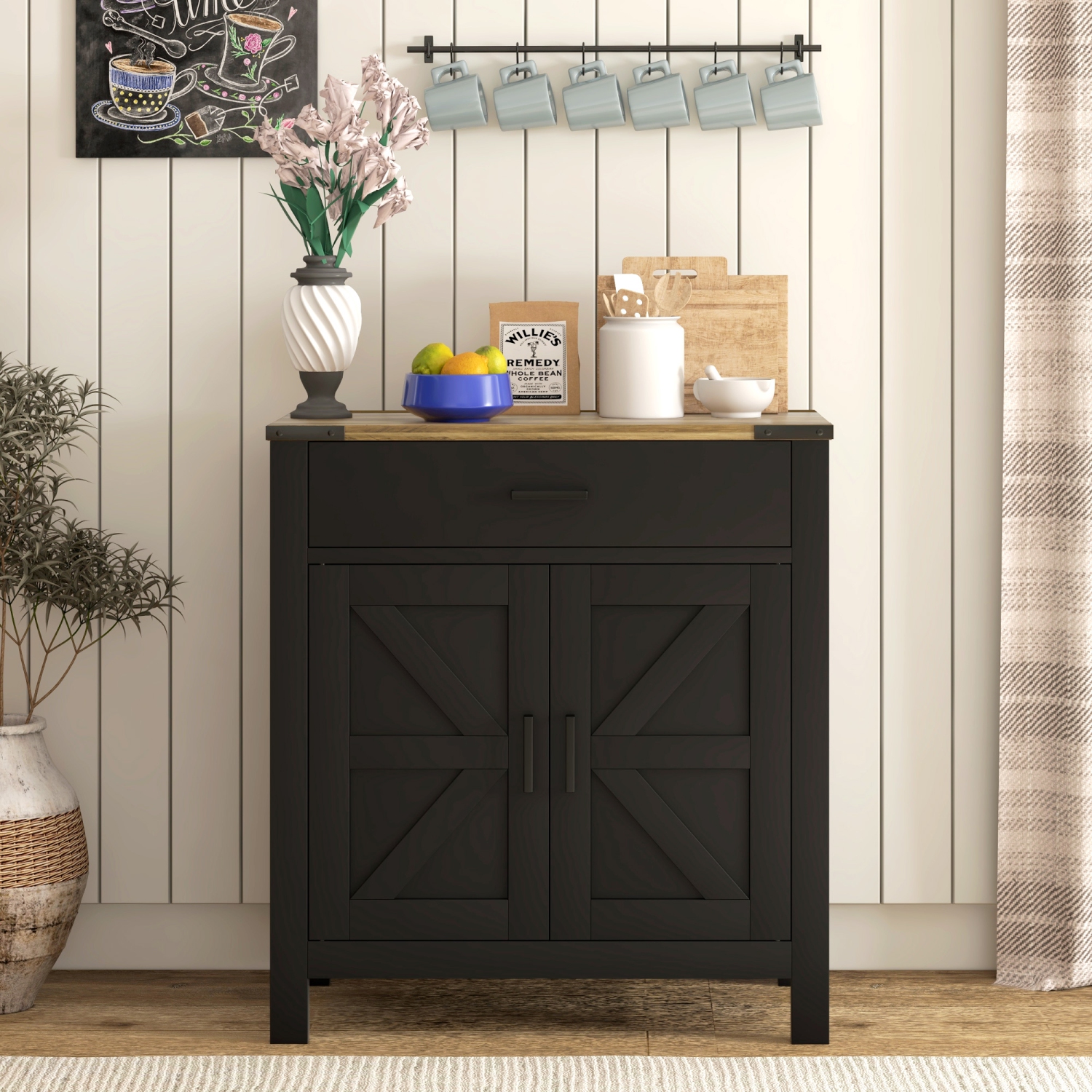 HOMCOM Sideboard Buffet Cabinet, 31" Kitchen Storage Cabinet with Drawer and Adjustable Shelf, Farmhouse Sideboard, Black