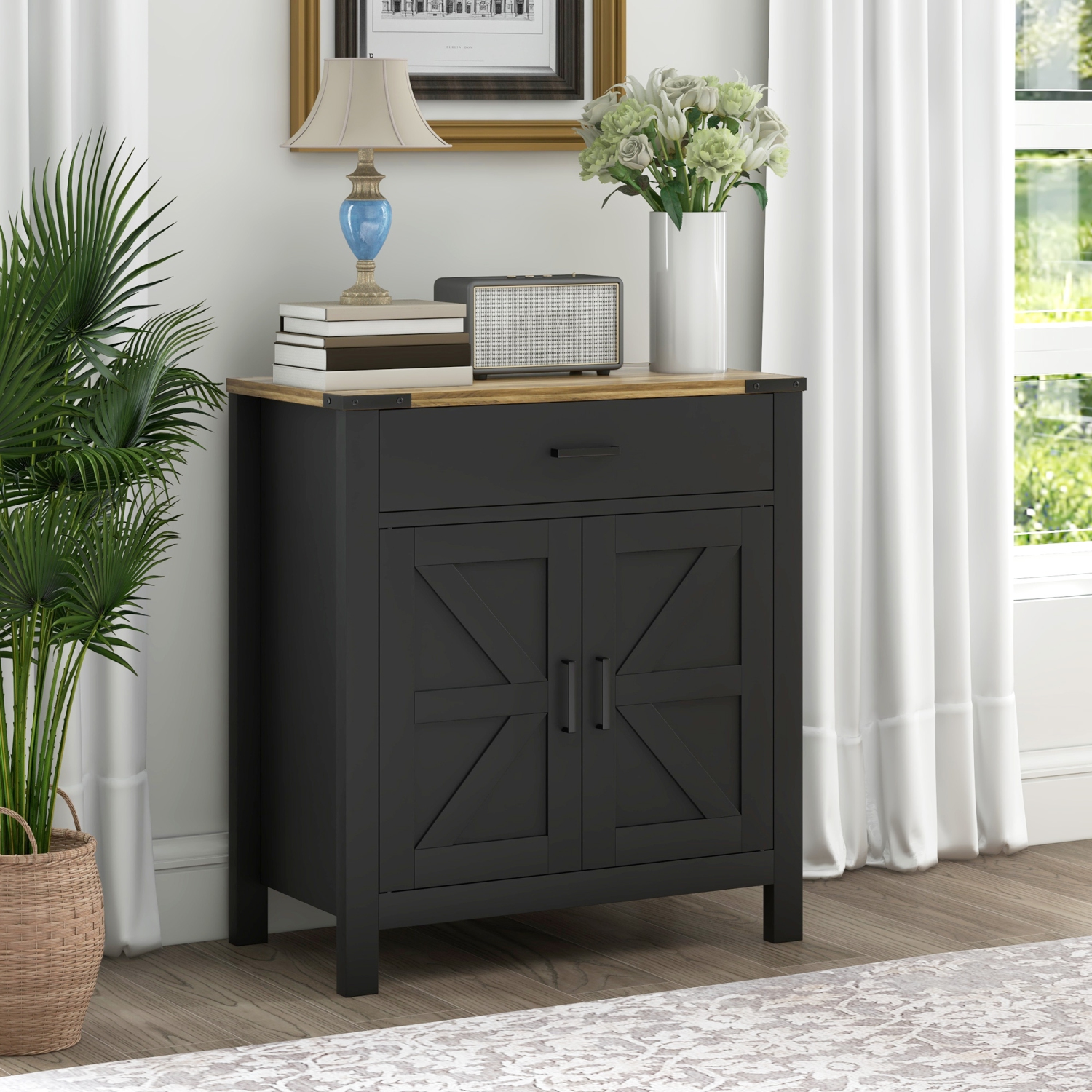 HOMCOM Sideboard Buffet Cabinet, 31" Kitchen Storage Cabinet with Drawer and Adjustable Shelf, Farmhouse Sideboard, Black