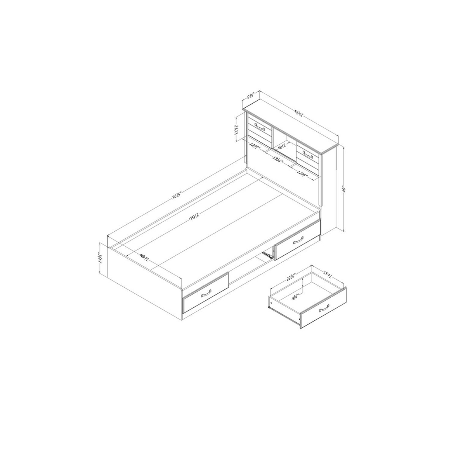 Ensemble avec lit avec rangement et tête de lit bibliothèque de South Shore, bleu bleuet