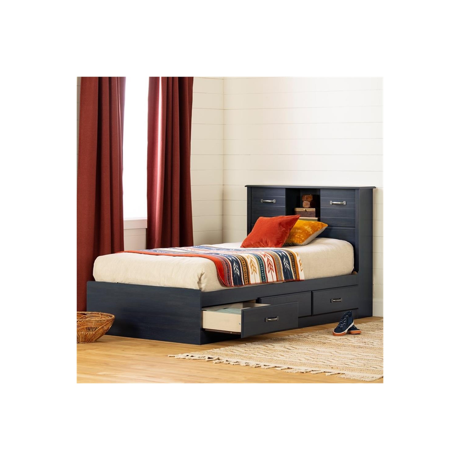 Ensemble avec lit avec rangement et tête de lit bibliothèque de South Shore, bleu bleuet