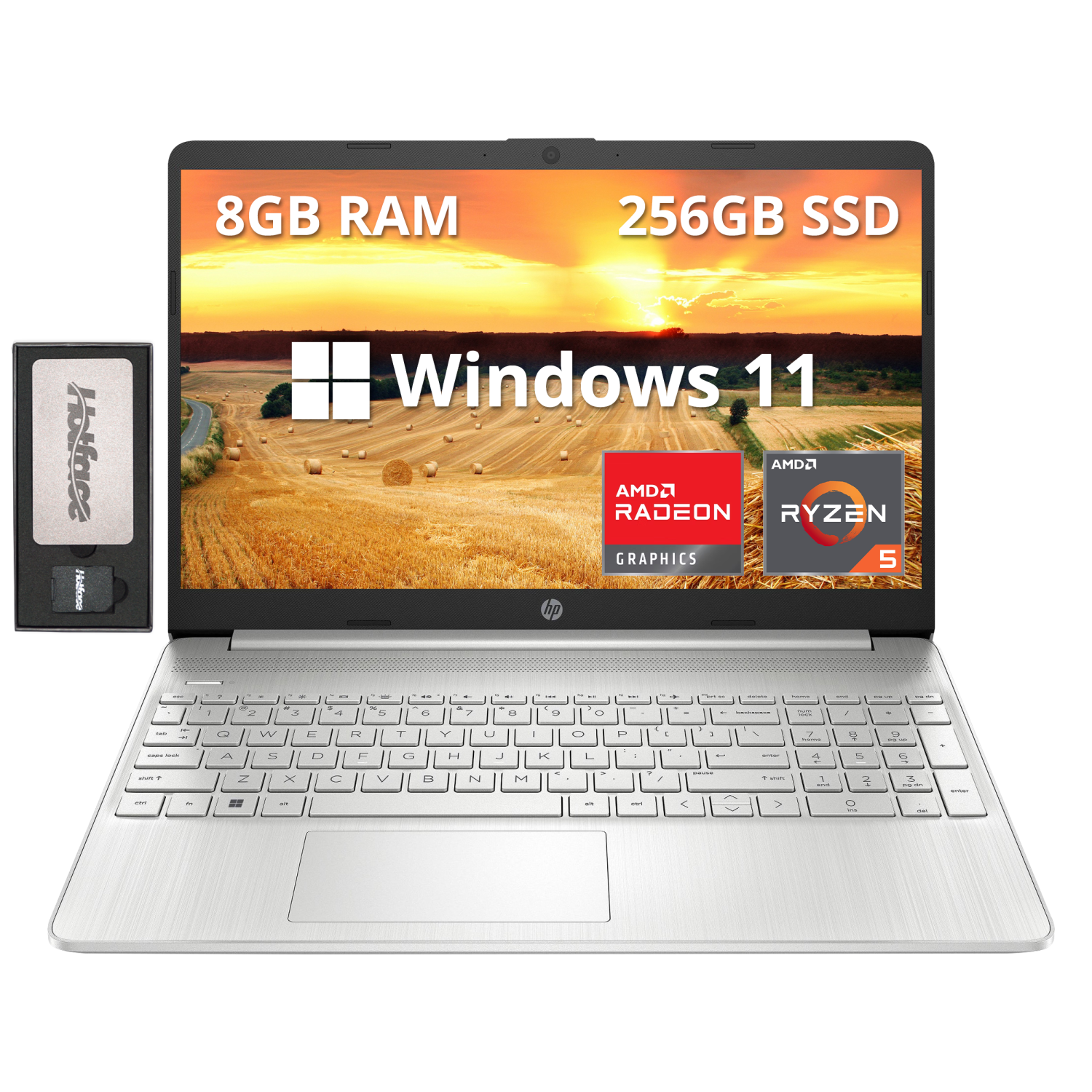 HP 15.6" FHD Laptop, AMD Ryzen 5-5500U Processor, 256GB PCIe SSD, 8GB RAM, AMD Radeon Graphics, HD Webcam, Wi-fi, Bluetooth, Windows 11, Silver, 128GB Docking Station Set