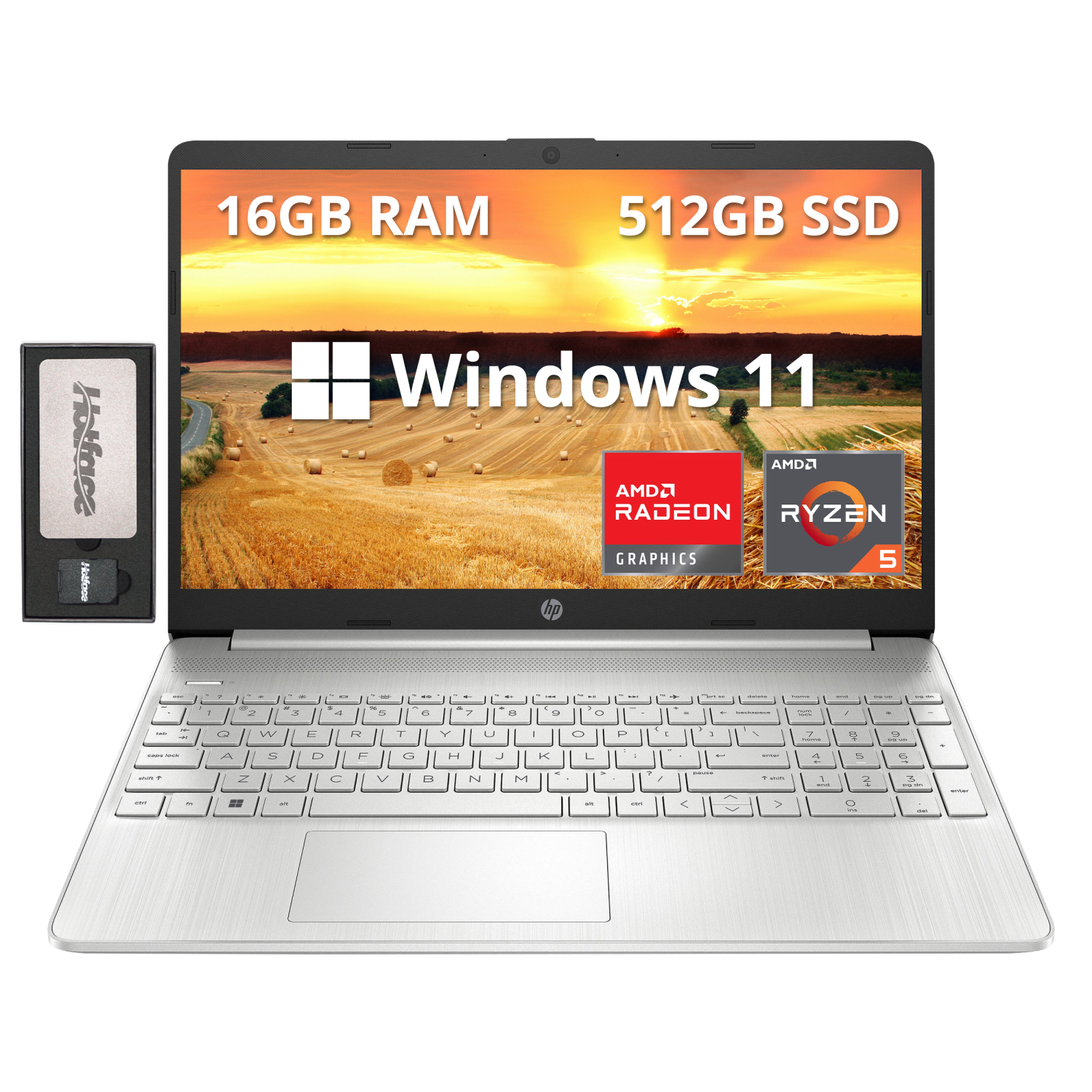 HP 15.6" FHD Laptop, AMD Ryzen 5-5500U Processor, 512GB PCIe SSD, 16GB RAM, AMD Radeon Graphics, HD Webcam, Wi-fi, Bluetooth, Windows 11, Silver, 128GB Docking Station Set