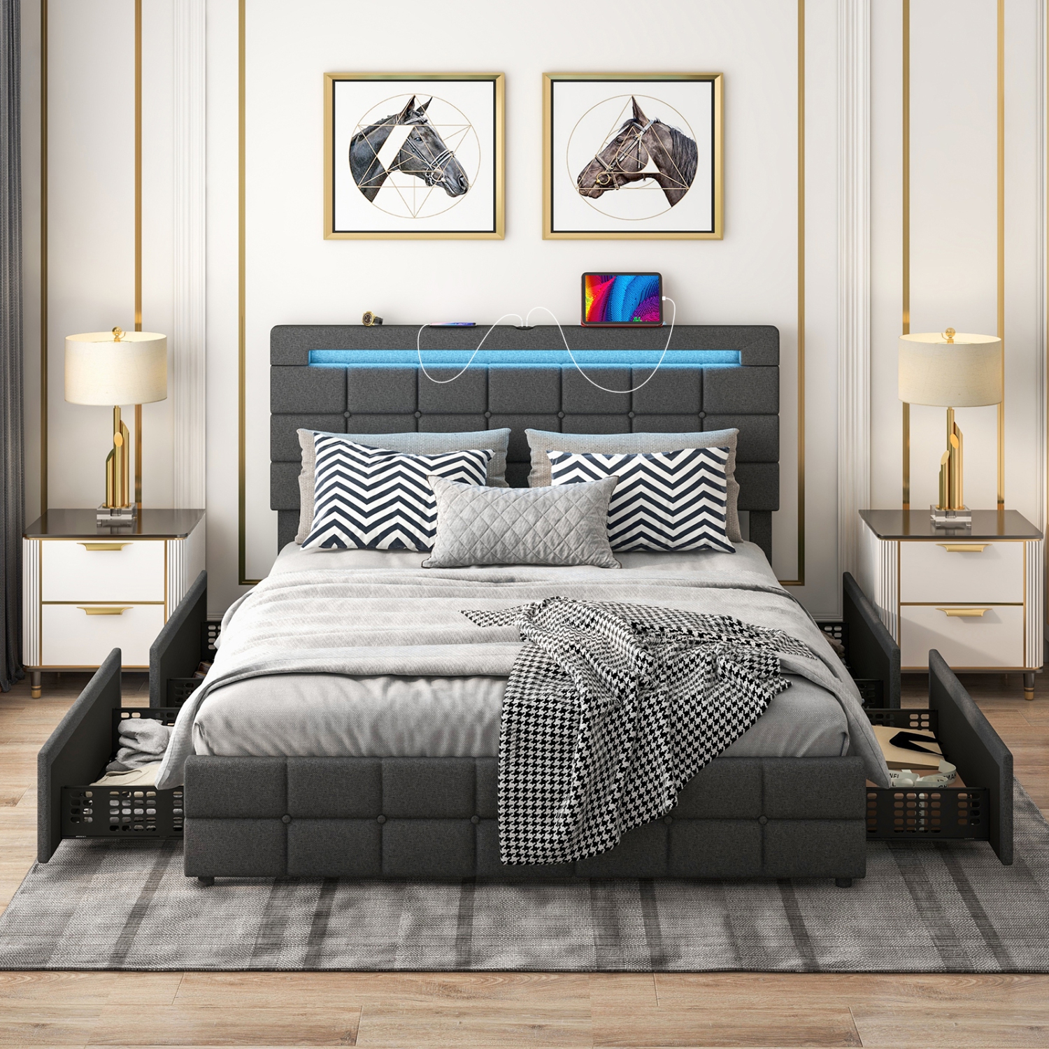 Costway Queen Bed Frame with LED Lights and 4 Drawers, Upholstered Platform Bed Frame with USB Ports, Tufted Adjustable Headboard Design, Solid