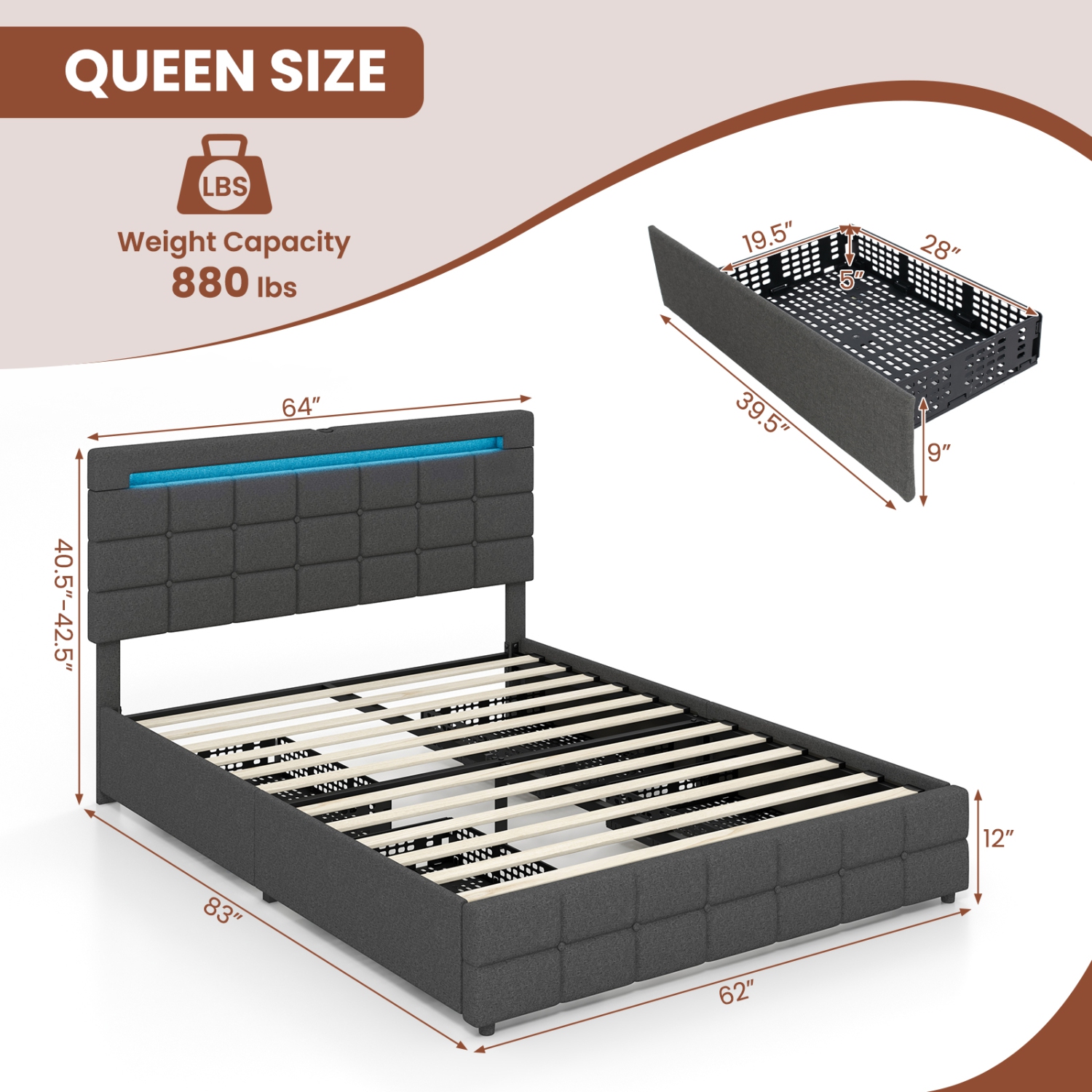 Costway Queen Bed Frame with LED Lights and 4 Drawers, Upholstered Platform Bed Frame with USB Ports, Tufted Adjustable Headboard Design, Solid
