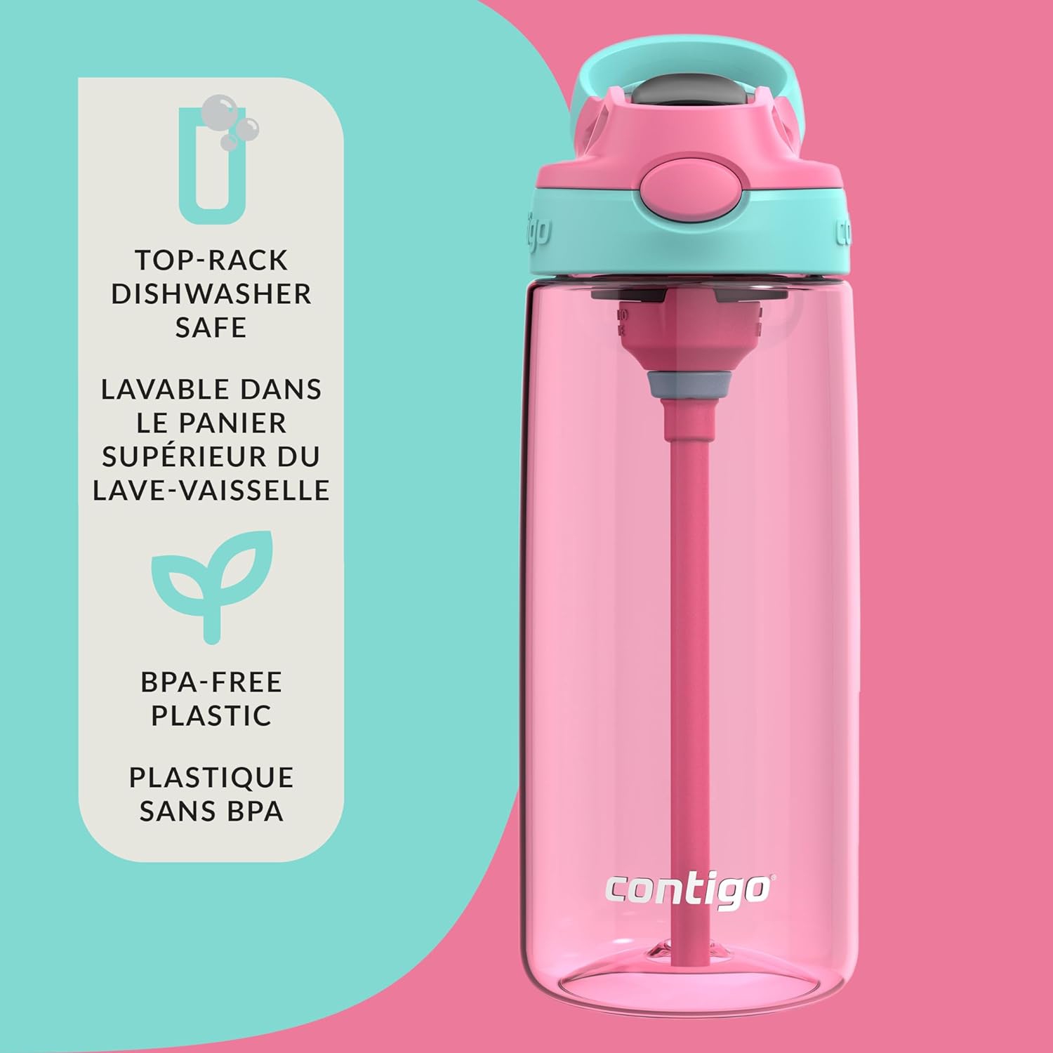Contigo - Children's Water Bottle, Leak-Proof Lid, 591ml Capacity, Pink