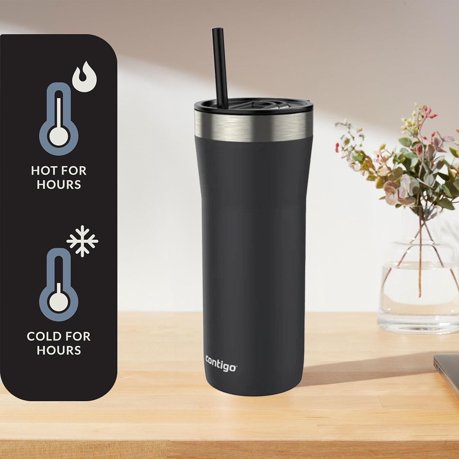 Contigo - Insulated Stainless Steel Tumbler with Splash-Proof Lid and Straw, 946ml Capacity, Black