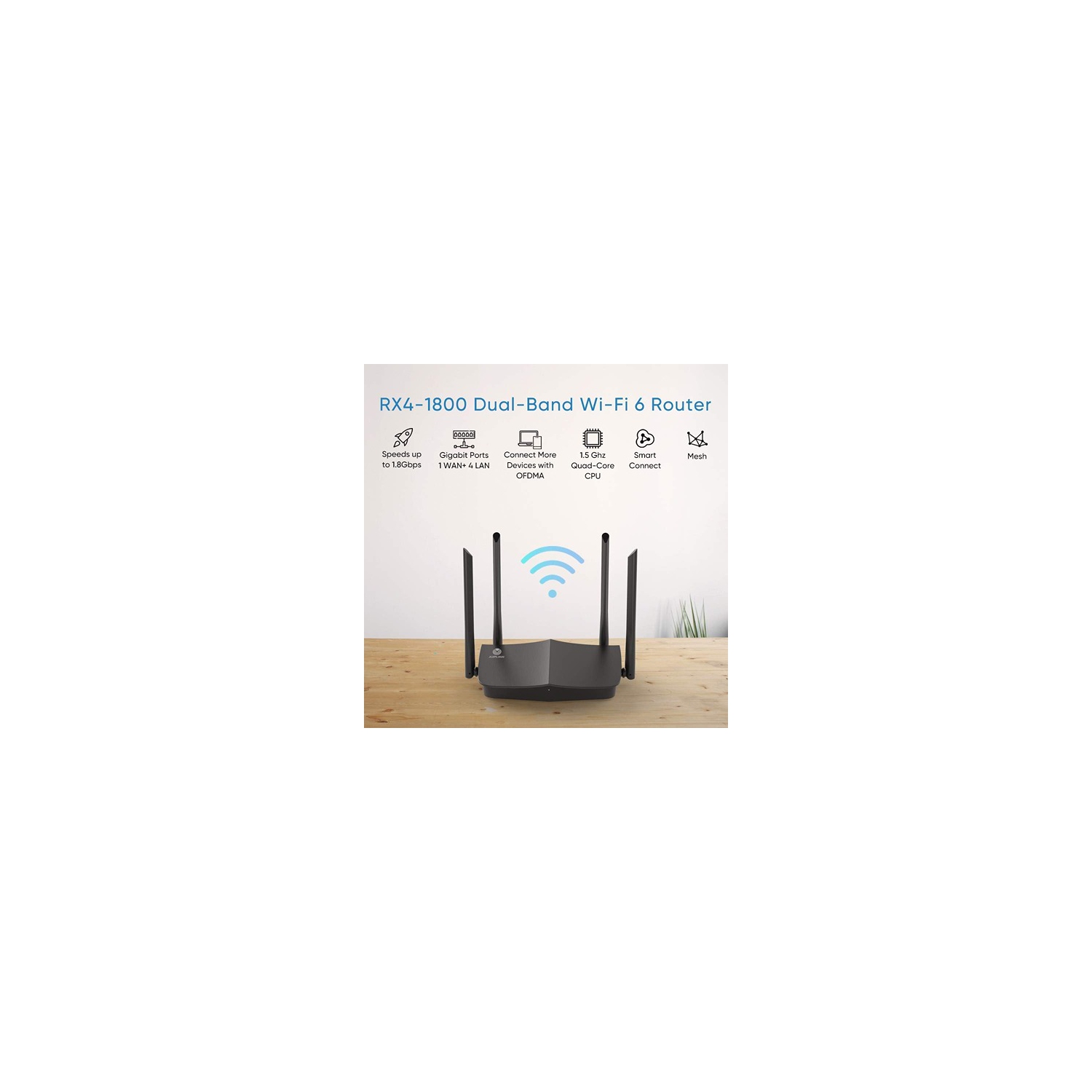 Juplink RX4-1800 Wi-Fi 6 Router, 1800 Mbps, 2.4 GHz/5 GHz, Quad-Core Processor, 256 MB RAM, 4 Antennas