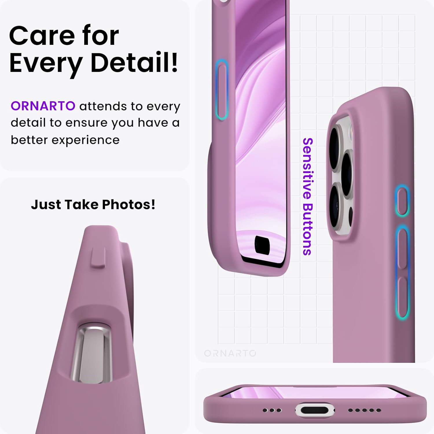 ORNARTO Compatible with iPhone 16 Pro Case 6.3",Liquid Silicone 3 Layers Full Covered Soft Gel Rubber Phone Case, Shockproof Protective Cover-Lilac