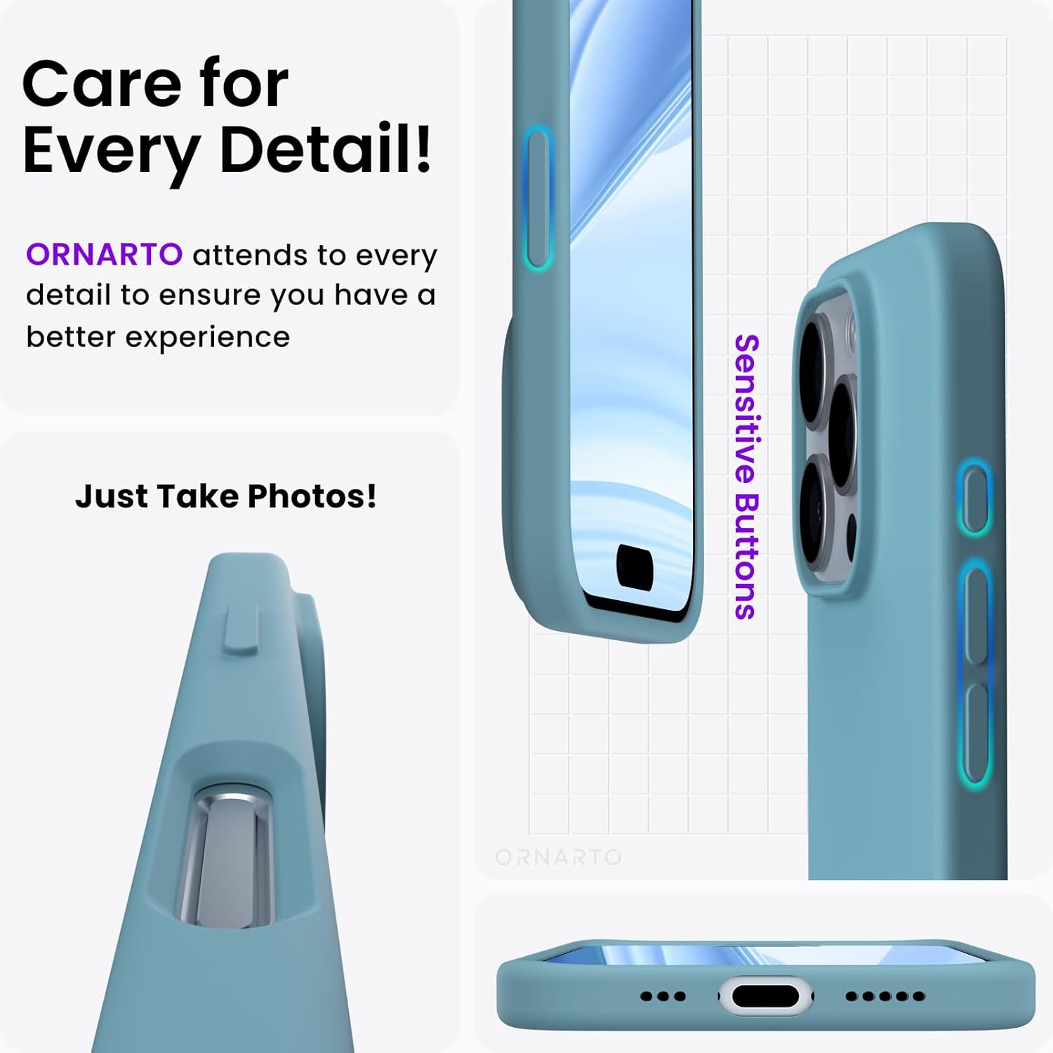 ORNARTO compatible avec l’étui iPhone 16 Pro 6,3 po, 3 couches de silicone liquide, étui de téléphone en caoutchouc souple entièrement recouvert de