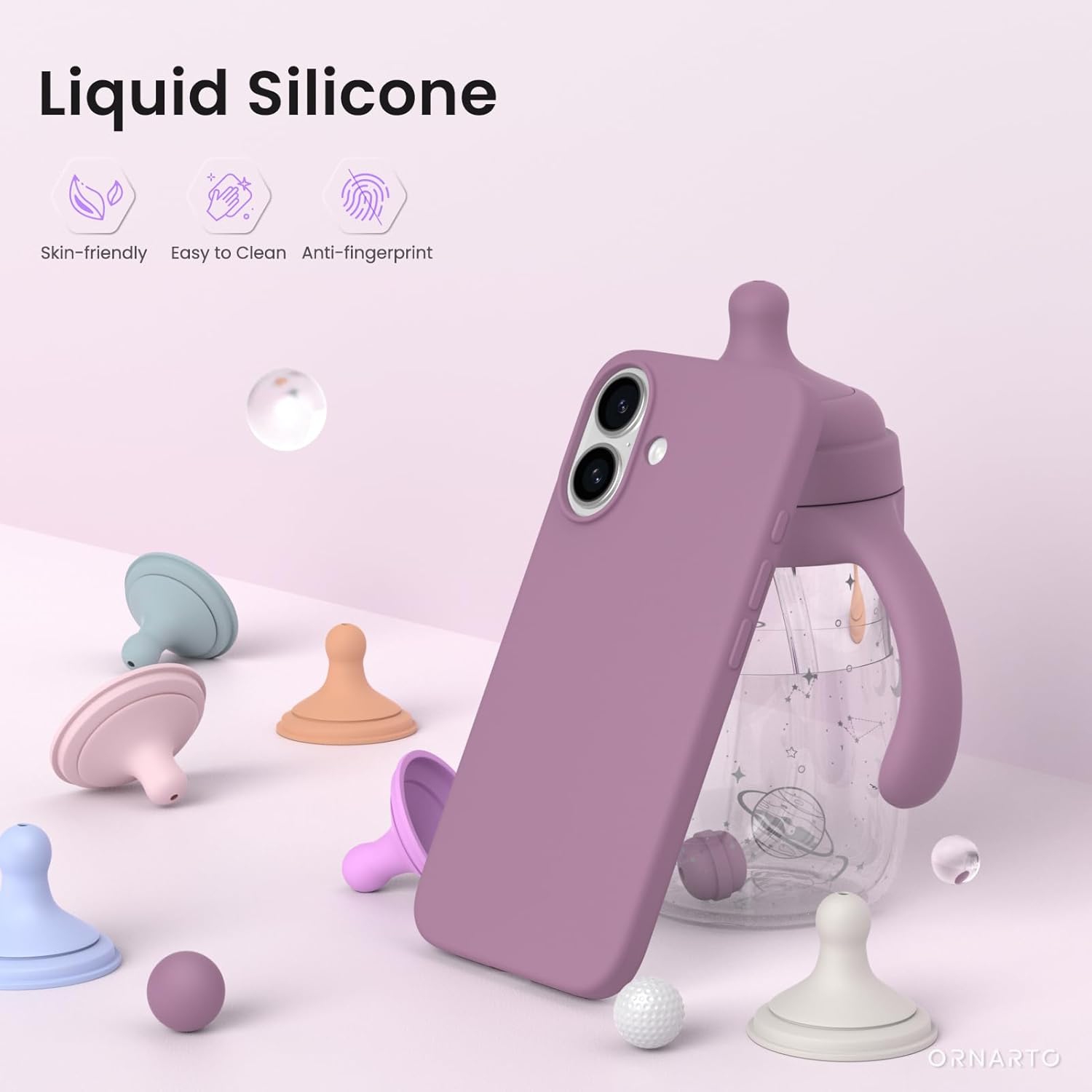 ORNARTO – compatible avec l’étui iPhone 16, 6,1 po, 3 couches de silicone liquide, étui souple en caoutchouc, étui protecteur antichoc, violet lilas