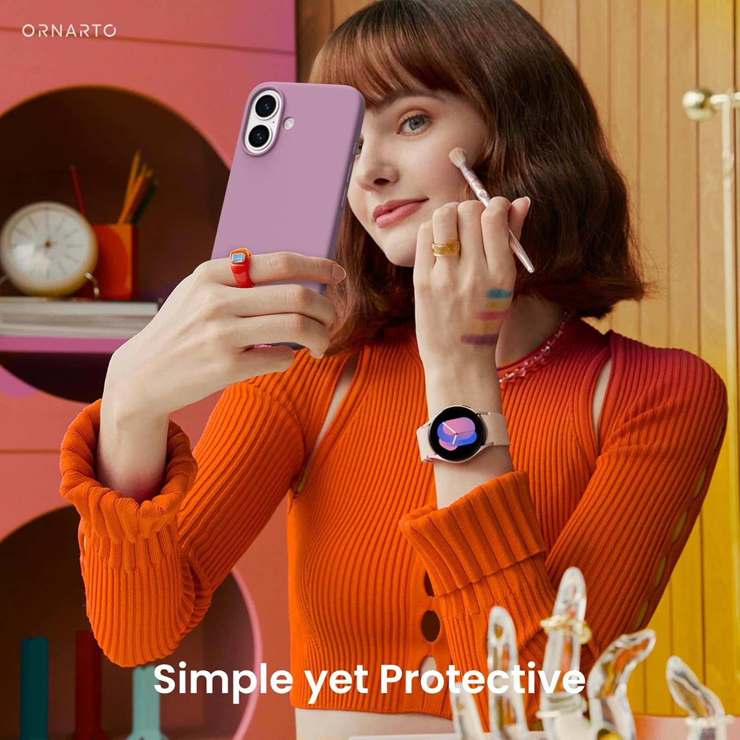 ORNARTO – compatible avec l’étui iPhone 16, 6,1 po, 3 couches de silicone liquide, étui souple en caoutchouc, étui protecteur antichoc, violet lilas