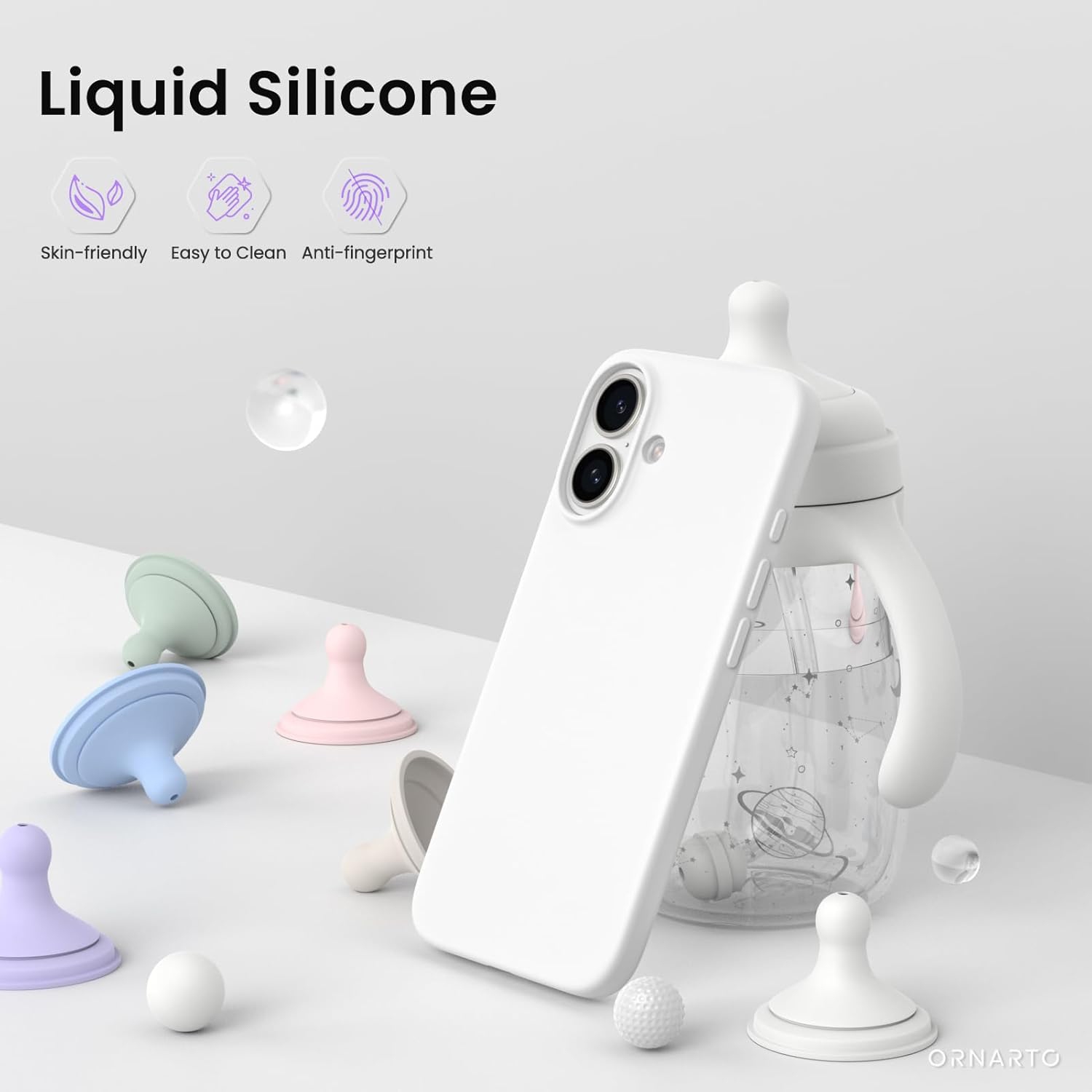 ORNARTO – compatible avec l’étui iPhone 16, 6,1 po, 3 couches de silicone liquide, étui de téléphone en caoutchouc souple entièrement recouvert de