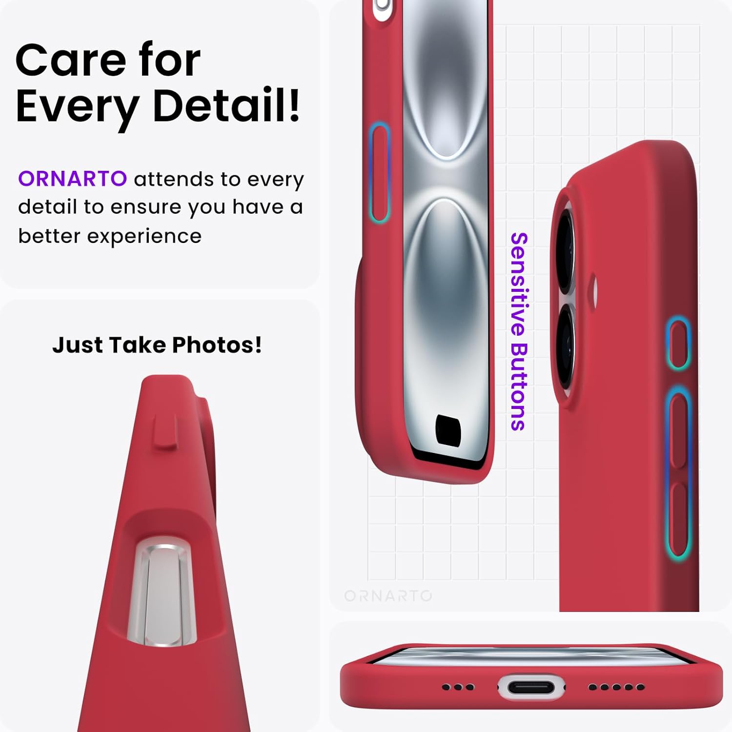 ORNARTO – compatible avec l’étui iPhone 16, 6,1 po, 3 couches de silicone liquide, étui souple en caoutchouc et gel, étui protecteur antichoc, rouge