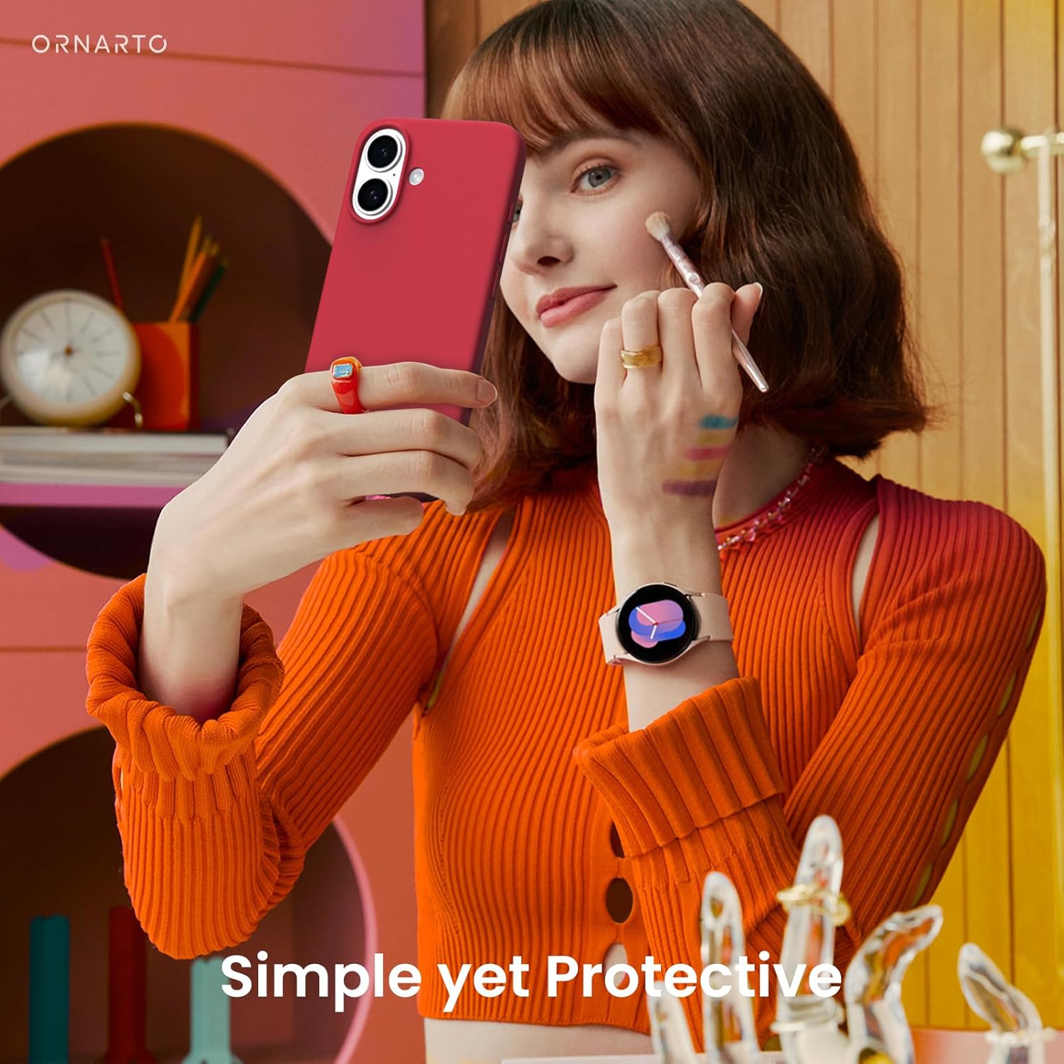 ORNARTO – compatible avec l’étui iPhone 16, 6,1 po, 3 couches de silicone liquide, étui souple en caoutchouc et gel, étui protecteur antichoc, rouge