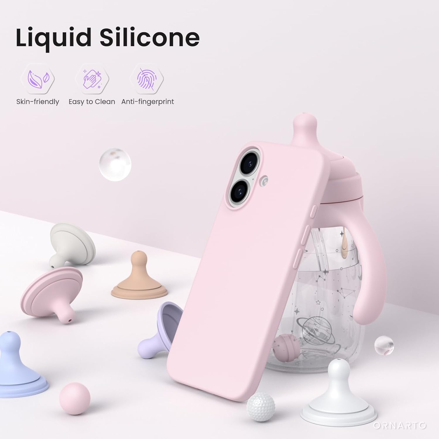 ORNARTO – compatible avec l’étui iPhone 16, 6,1 po, 3 couches de silicone liquide, étui souple en caoutchouc, étui protecteur antichoc, rose craie