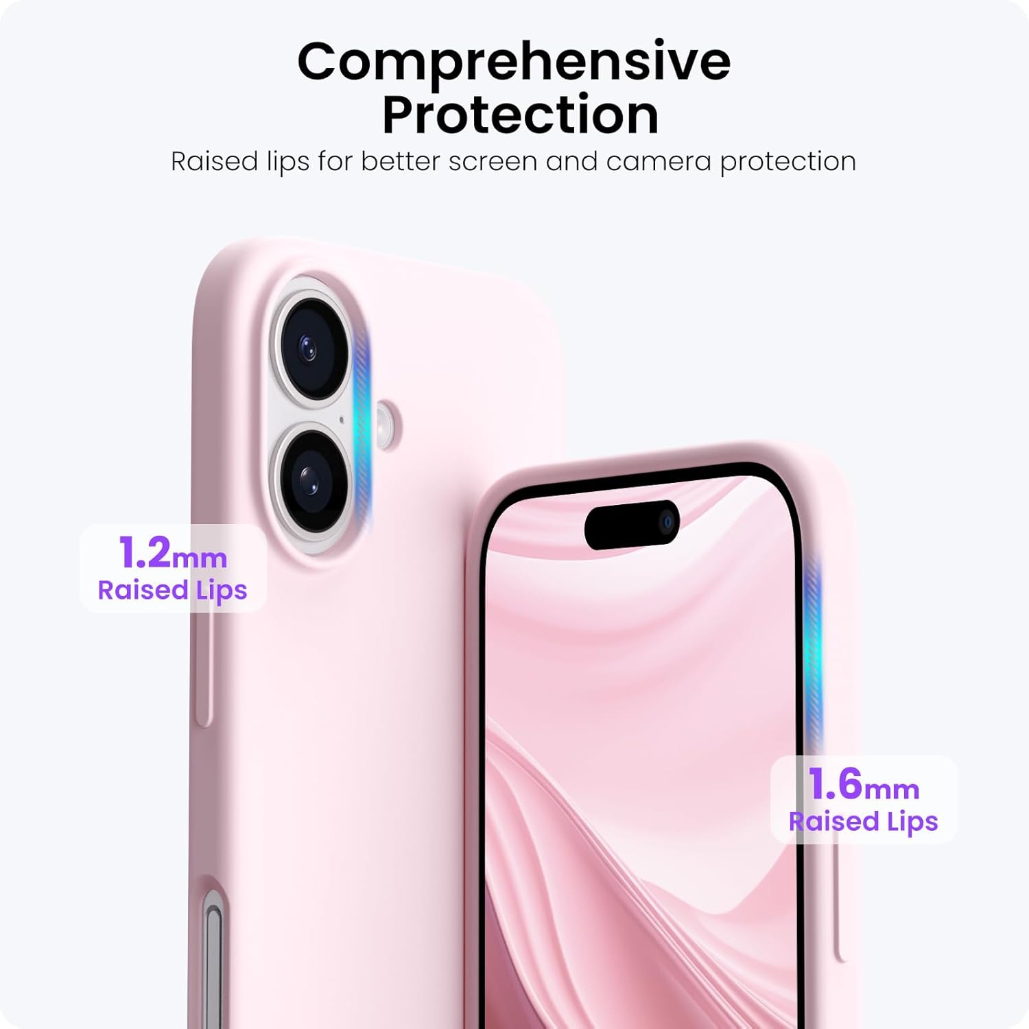 ORNARTO – compatible avec l’étui iPhone 16, 6,1 po, 3 couches de silicone liquide, étui souple en caoutchouc, étui protecteur antichoc, rose craie