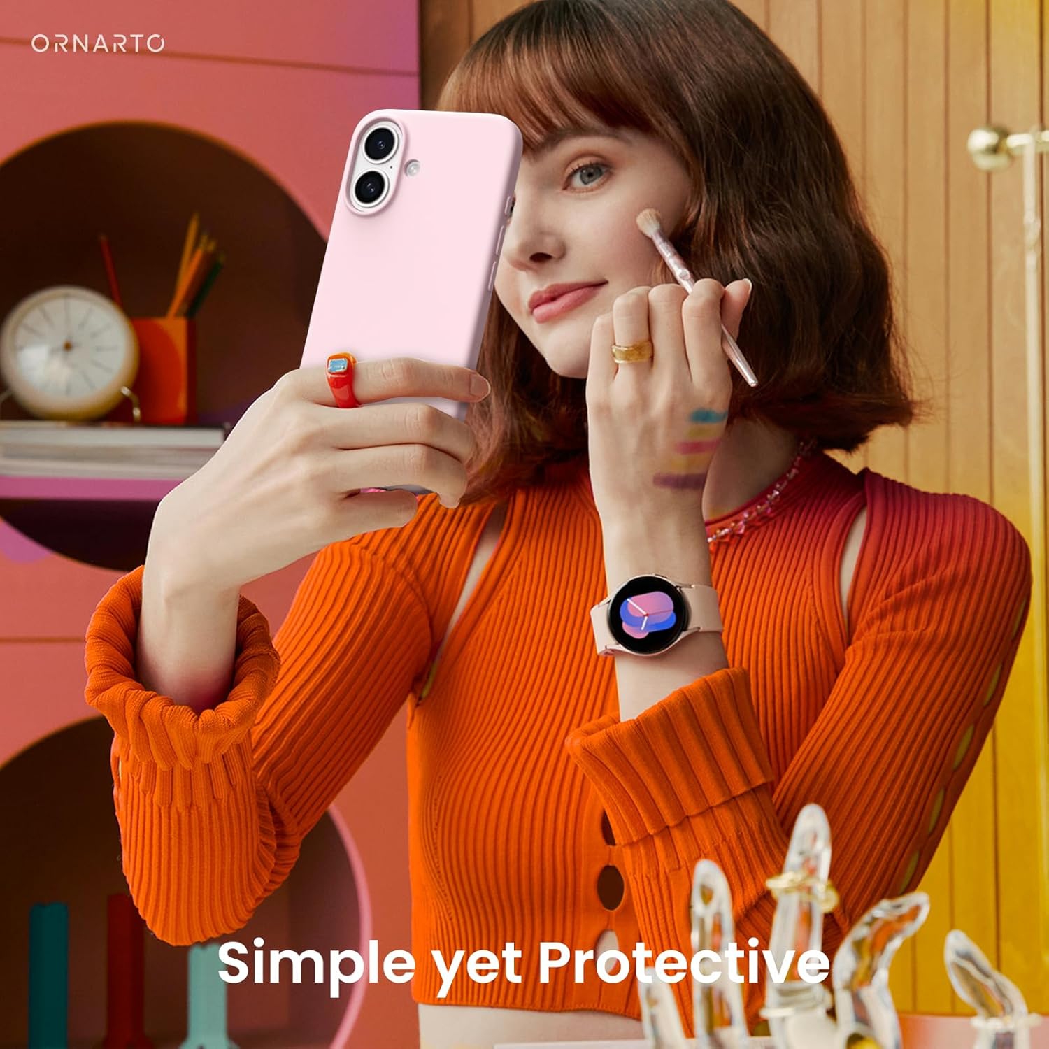 ORNARTO – compatible avec l’étui iPhone 16, 6,1 po, 3 couches de silicone liquide, étui souple en caoutchouc, étui protecteur antichoc, rose craie