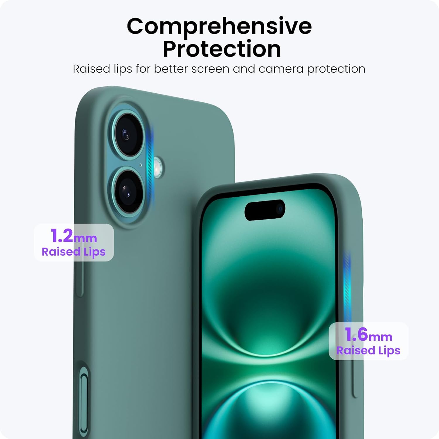 ORNARTO – compatible avec l’étui iPhone 16, 6,1 po, 3 couches de silicone liquide, étui souple en caoutchouc de gel, étui protecteur antichoc, vert
