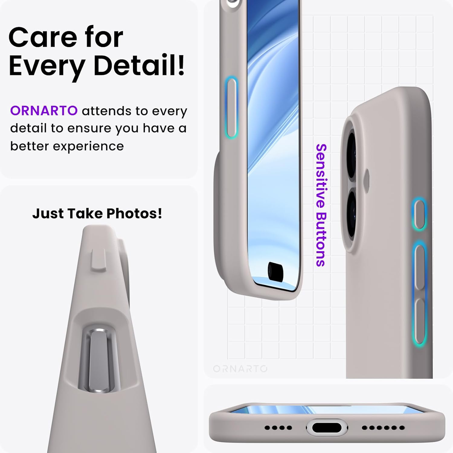 ORNARTO – compatible avec l’étui iPhone 16 plus, 6,7 po, 3 couches de silicone liquide, étui de téléphone en caoutchouc souple entièrement recouvert