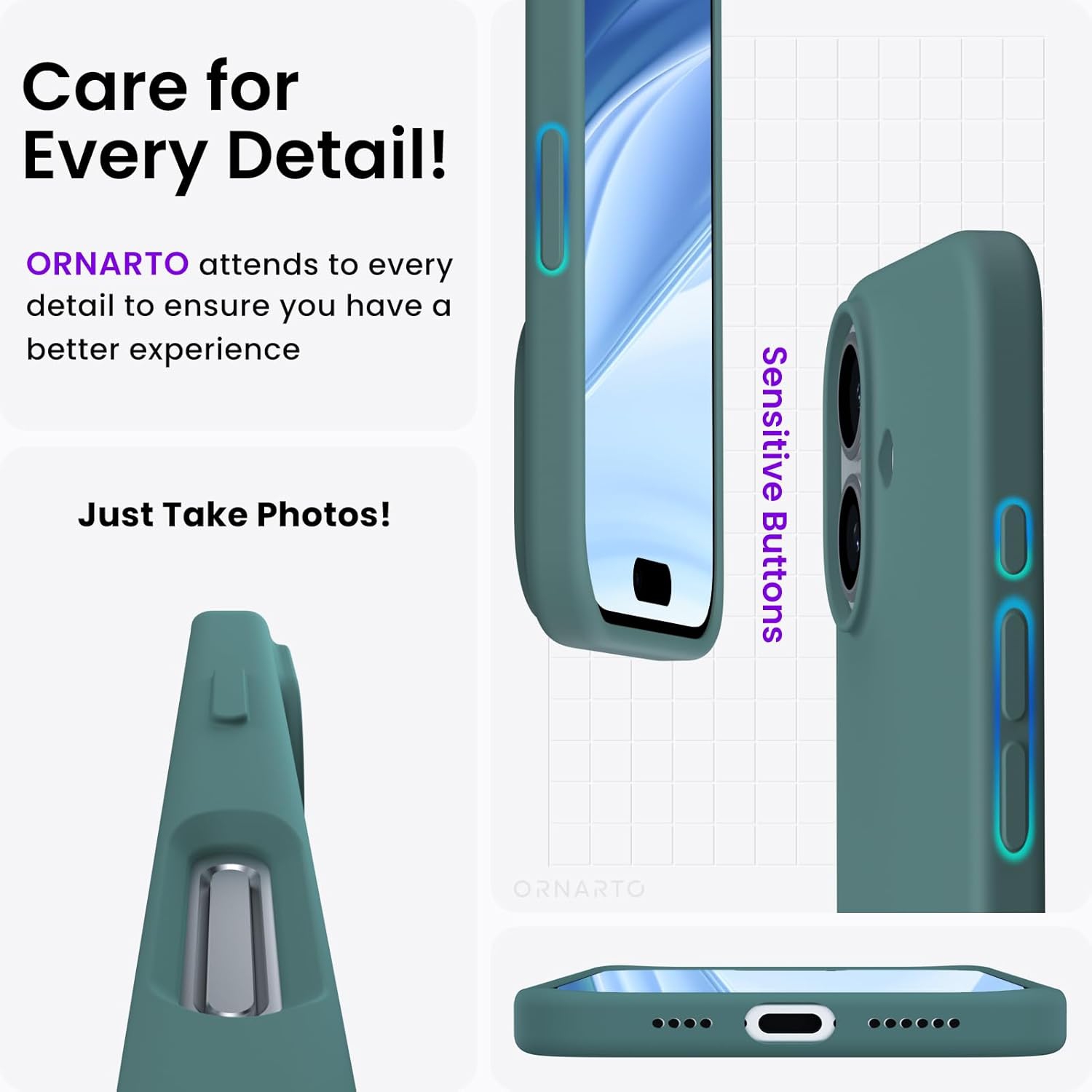 ORNARTO Compatible with iPhone 16 Plus Case 6.7",Liquid Silicone 3 Layers Full Covered Soft Gel Rubber Phone Case, Shockproof Protective Cover-Pine