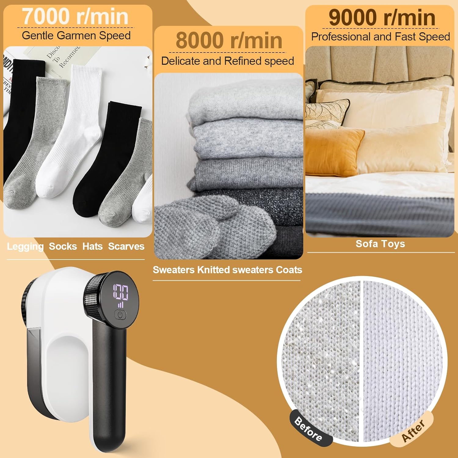 Rasoir à tissu, rechargeable électrique pour enlever les peluches, rasoir à 3 vitesses avec pile, rasoir à charpie pour vêtements, chandail, blanc