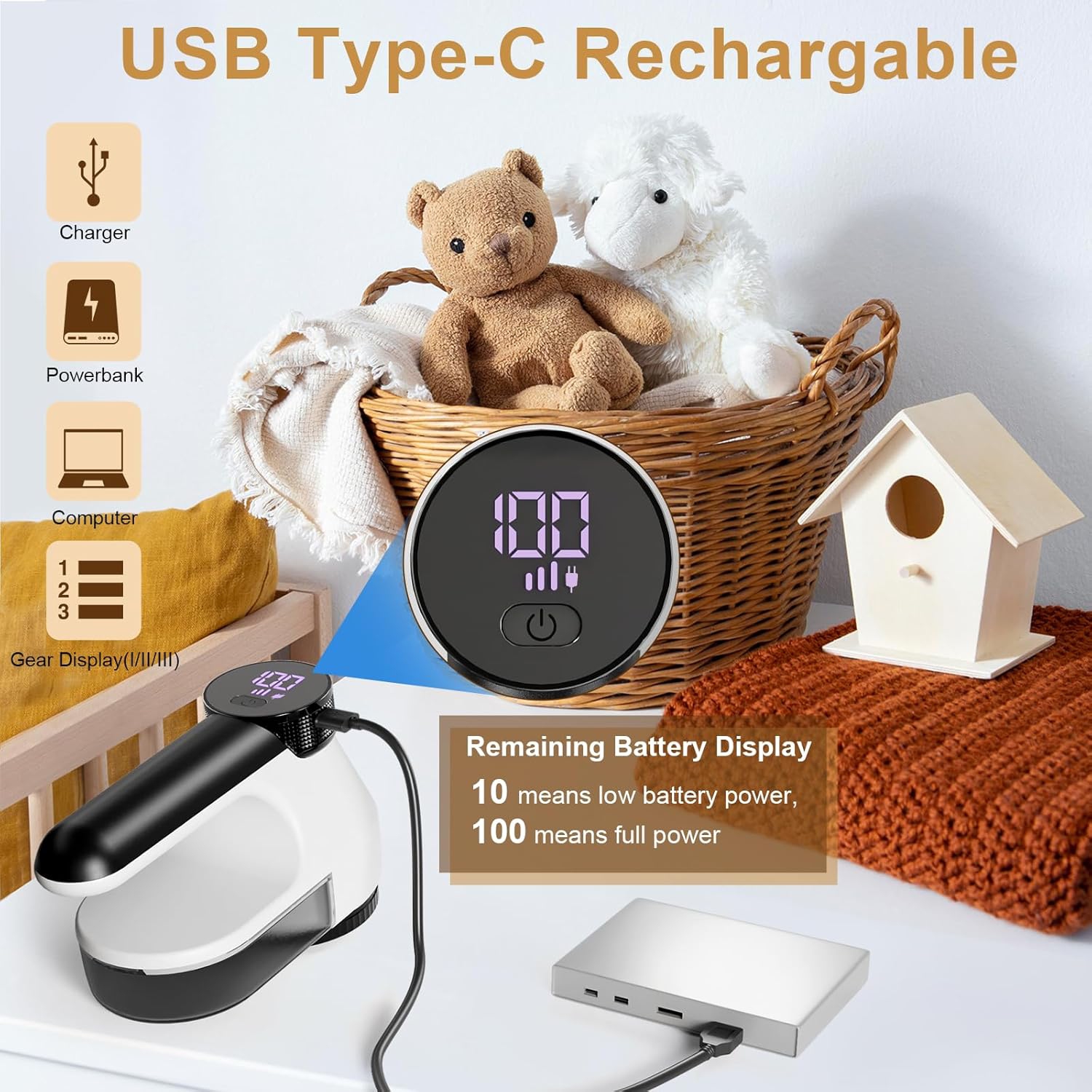 Rasoir à tissu, rechargeable électrique pour enlever les peluches, rasoir à 3 vitesses avec pile, rasoir à charpie pour vêtements, chandail, blanc