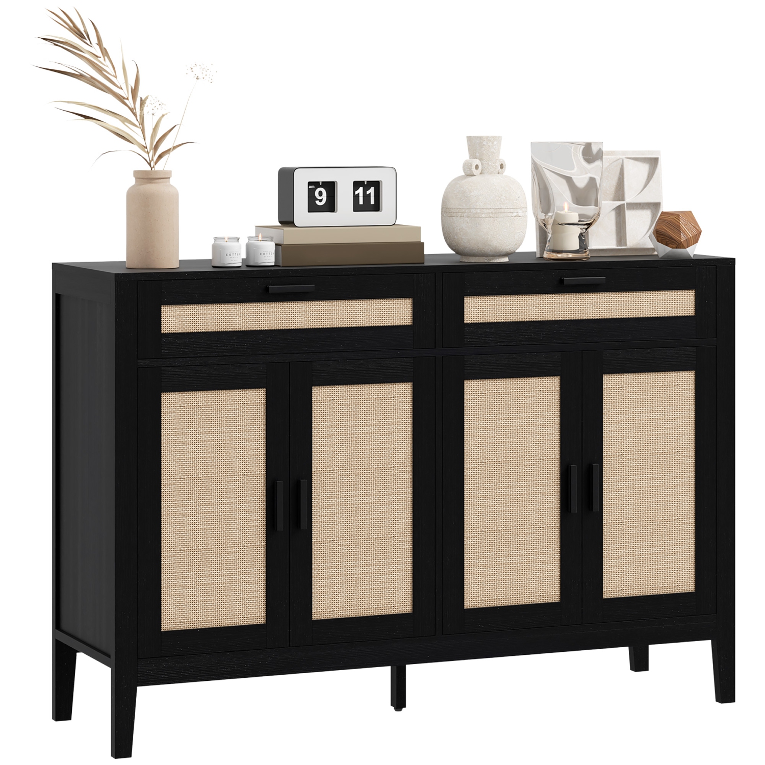 HOMCOM – Buffet avec espace de rangement, armoire de cuisine Boho de 53&nbsp;po avec portes décoratives en rotin, tiroir et tablette ajustable, noir