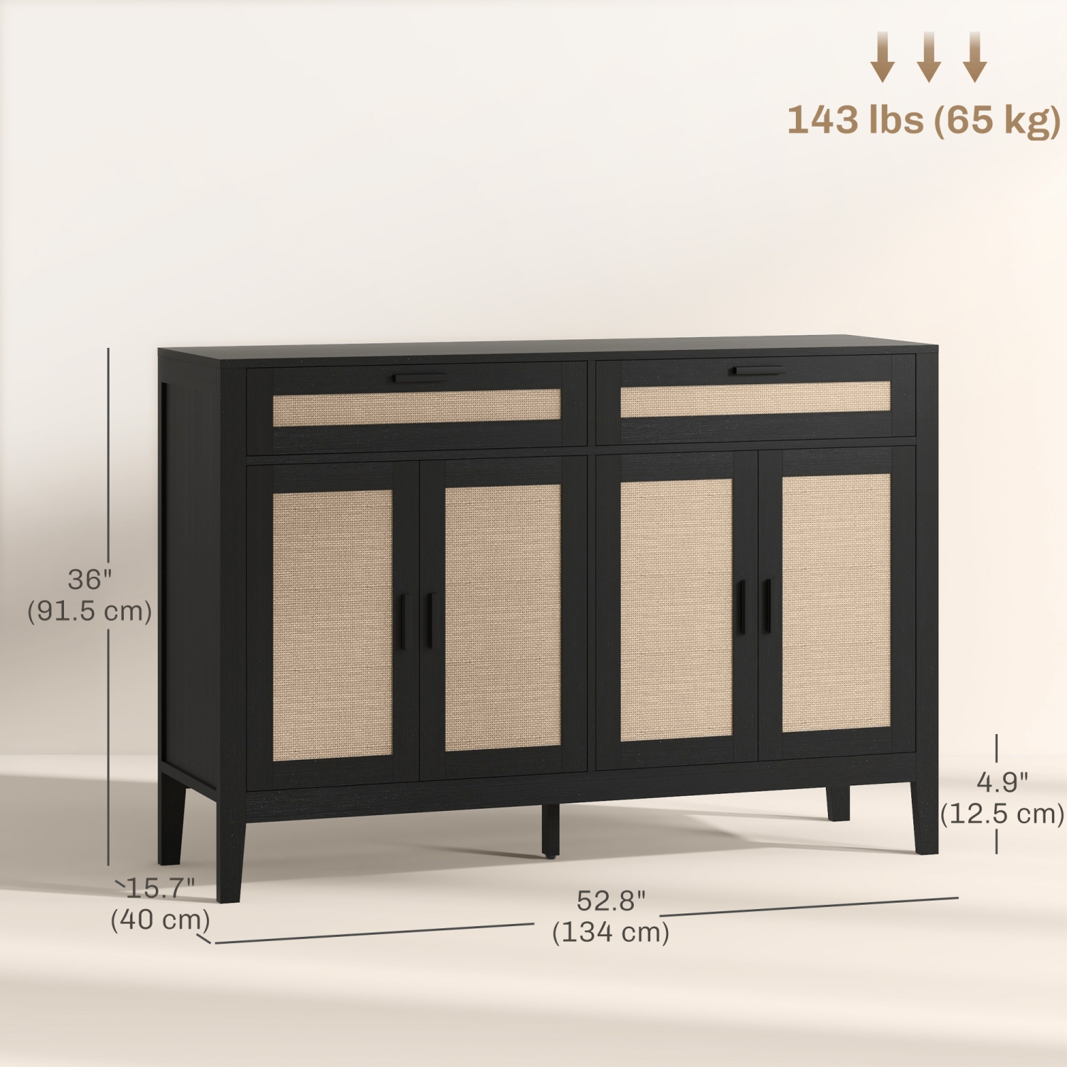 HOMCOM – Buffet avec espace de rangement, armoire de cuisine Boho de 53 po avec portes décoratives en rotin, tiroir et tablette ajustable, noir