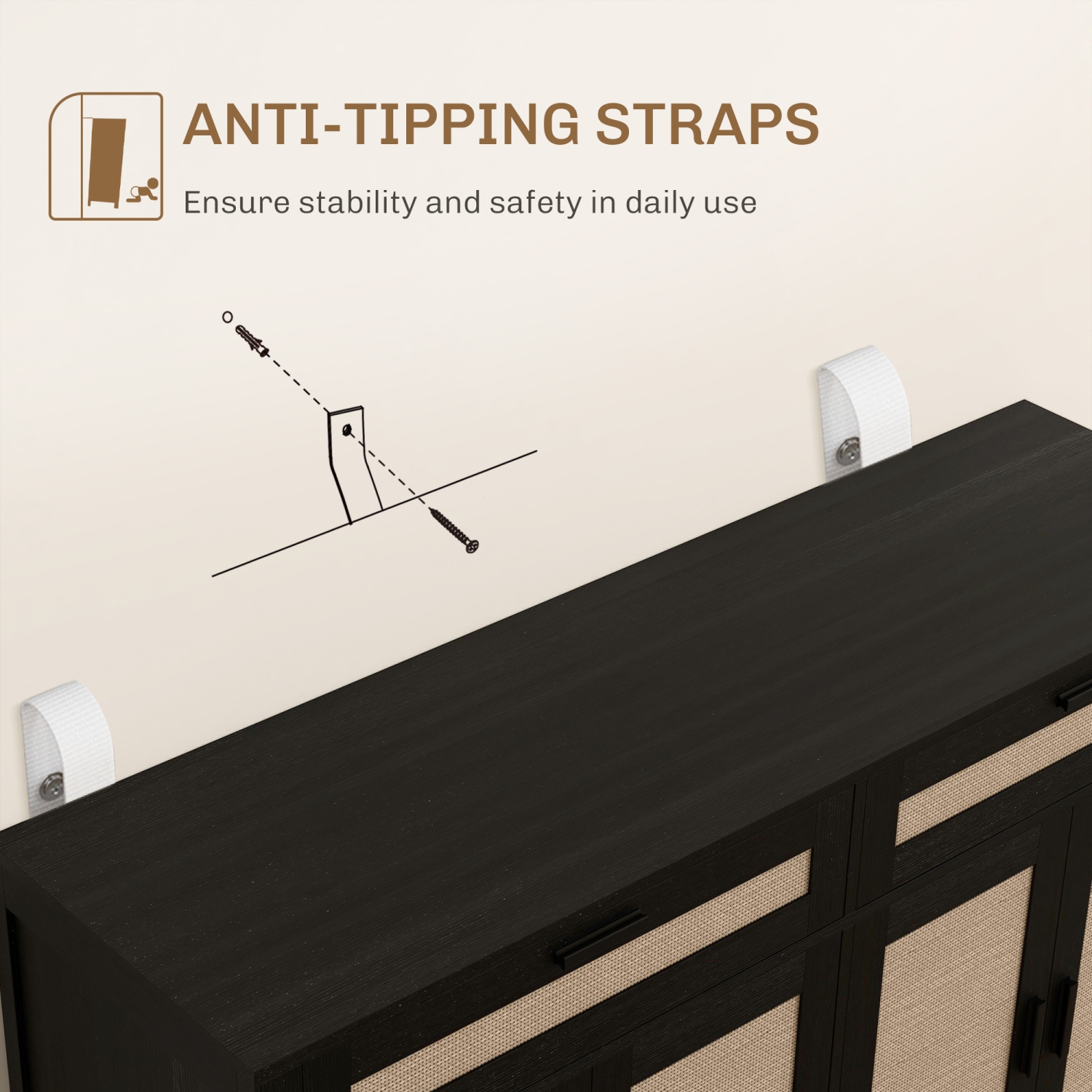 HOMCOM – Buffet avec espace de rangement, armoire de cuisine Boho de 53 po avec portes décoratives en rotin, tiroir et tablette ajustable, noir