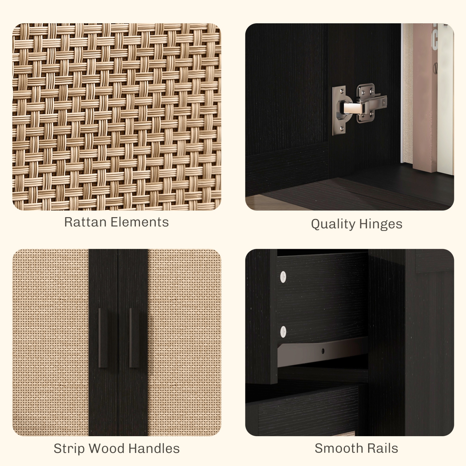 HOMCOM – Buffet avec espace de rangement, armoire de cuisine Boho de 53 po avec portes décoratives en rotin, tiroir et tablette ajustable, noir