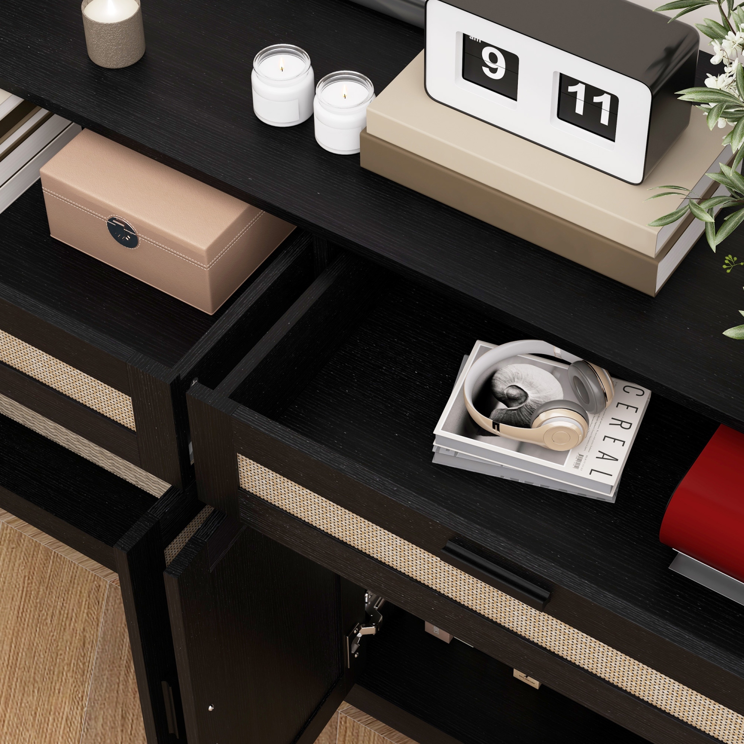 HOMCOM – Buffet avec espace de rangement, armoire de cuisine Boho de 53 po avec portes décoratives en rotin, tiroir et tablette ajustable, noir