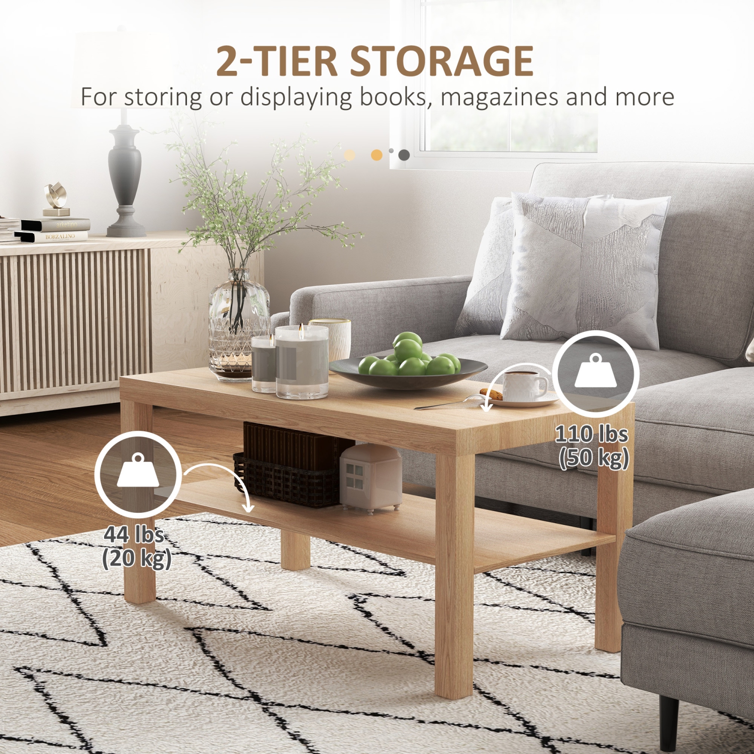 HOMCOM – Table basse rectangulaire à 2 niveaux pour salon, bureau à domicile avec tablette de rangement, 35,5 x 17,75 x 17,5&nbsp;po, fini bois