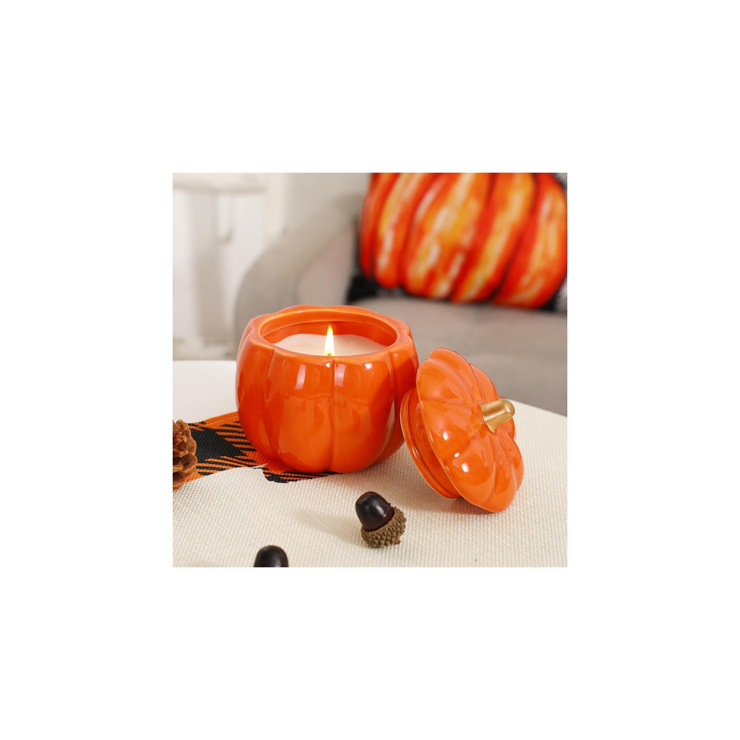 Fall Decor-Fall Candle with Ceramic Pumpkin Jar-Pumpkin Spice Candles for Home, Autumn Pumpkin Candle Decor- Halloween Thanksgiving Gift Natural Soy