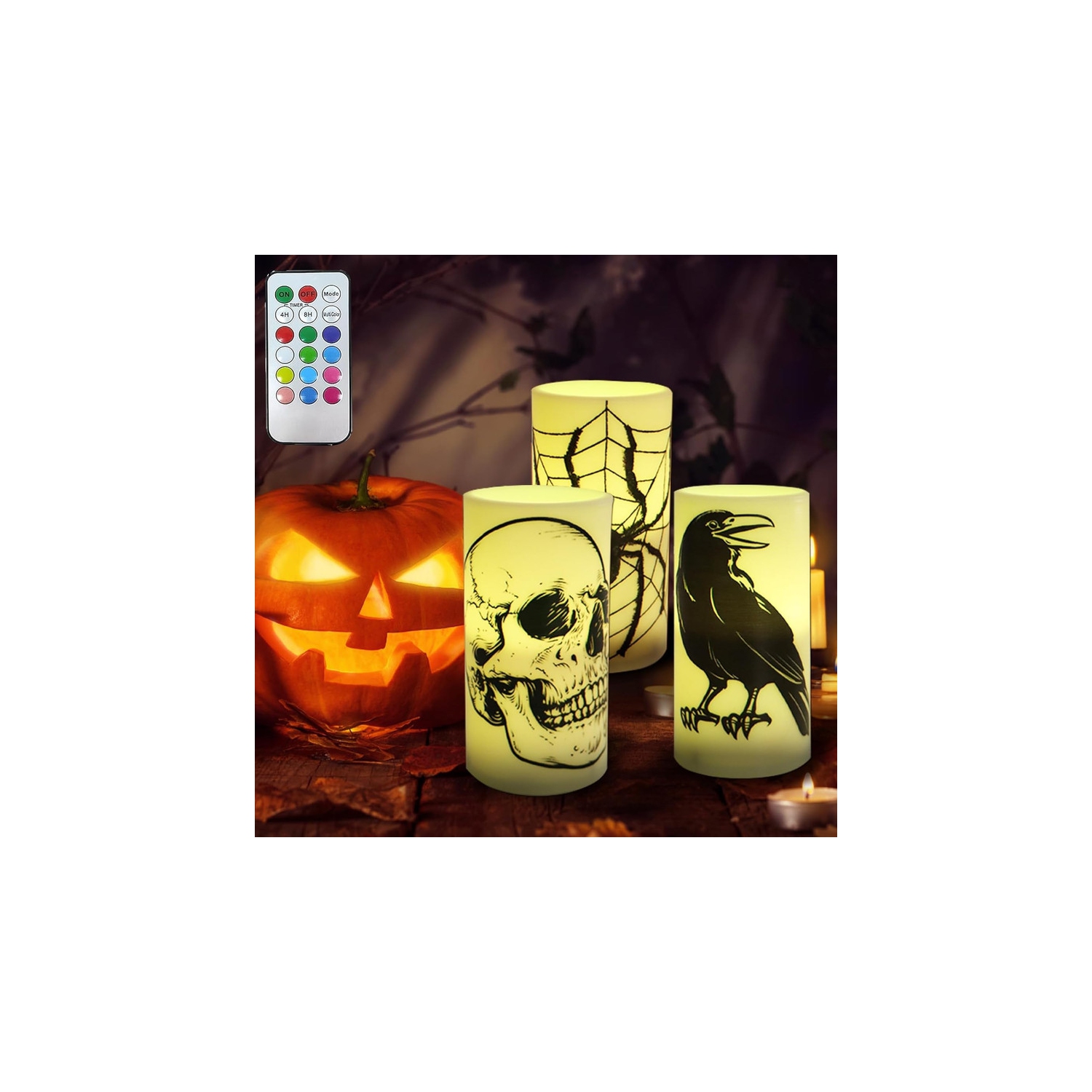 Chandelles sans flamme d'Halloween, bougies piliers à DEL avec crâne, toiles d'araignée, corbeaux, sorcières, Bats, bougies vacillantes Party Horror