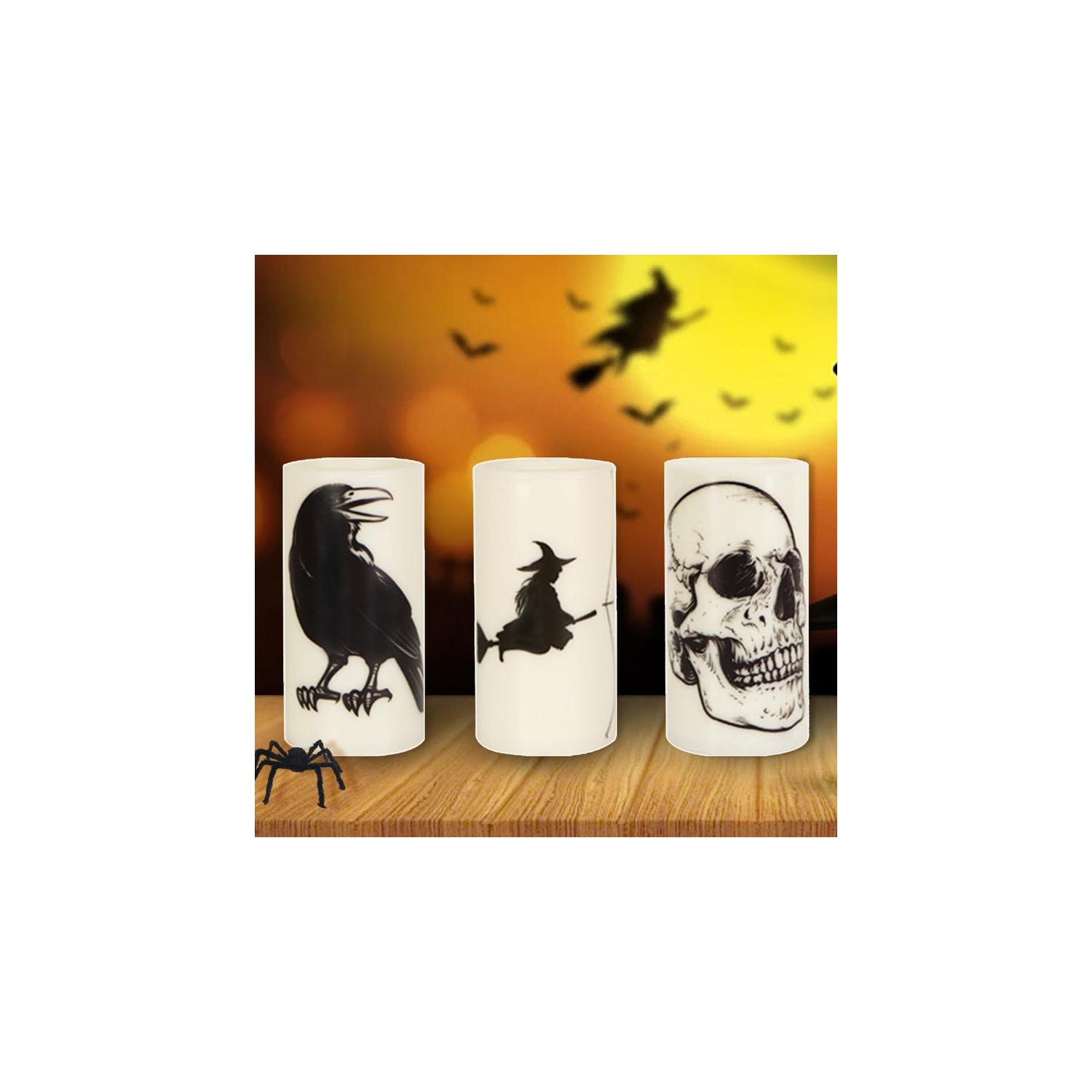 Chandelles sans flamme d'Halloween, bougies piliers à DEL avec crâne, toiles d'araignée, corbeaux, sorcières, Bats, bougies vacillantes Party Horror