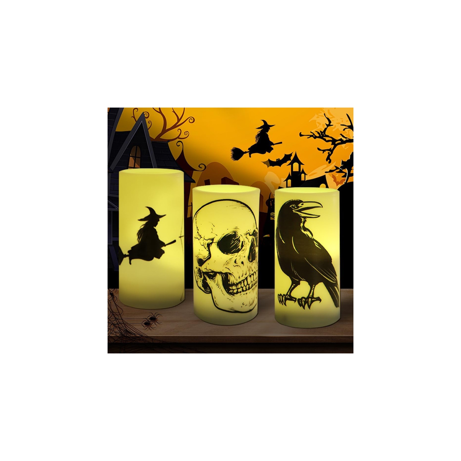 Chandelles sans flamme d'Halloween, bougies piliers à DEL avec crâne, toiles d'araignée, corbeaux, sorcières, Bats, bougies vacillantes Party Horror
