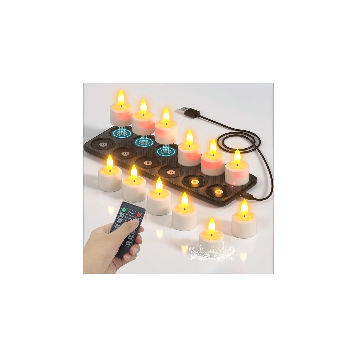 Flameless Candles with Magnetic Charging Base, Rechargeable Waterproof 12pcs LED Flickering Battery Tea Lights Votives with Remote Timer