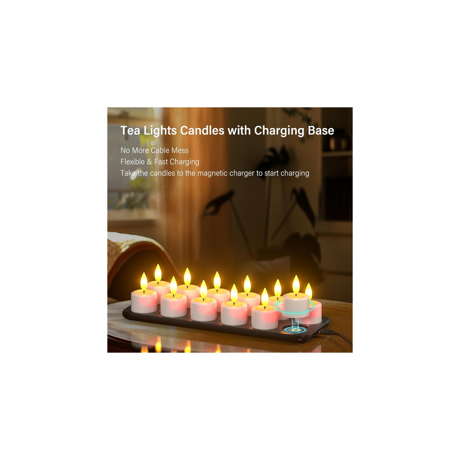 Flameless Candles with Magnetic Charging Base, Rechargeable Waterproof 12pcs LED Flickering Battery Tea Lights Votives with Remote Timer