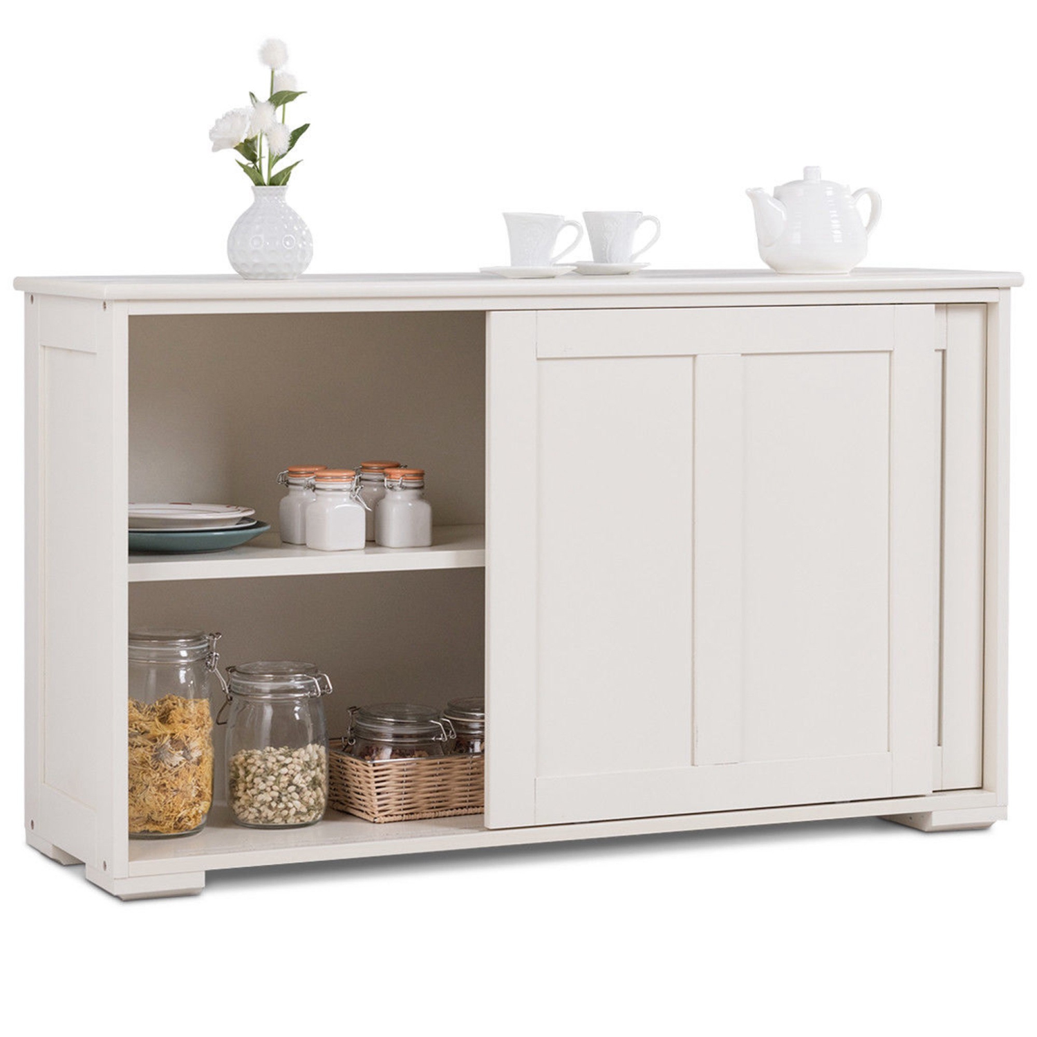 Costway Sideboard Buffet Cabinet Kitchen Storage Cabinet with Adjustable Shelf & Sliding Door, Stackable Sideboard Storage Cabinet, Cream White