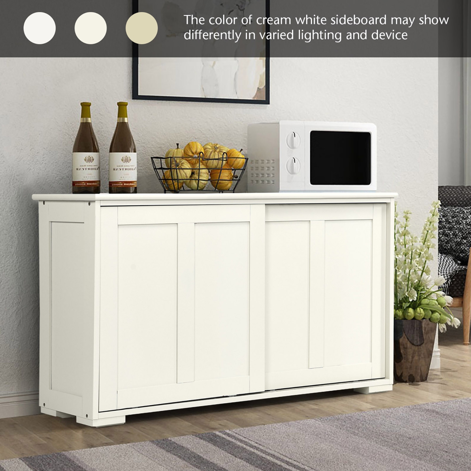 Costway Sideboard Buffet Cabinet Kitchen Storage Cabinet with Adjustable Shelf & Sliding Door, Stackable Sideboard Storage Cabinet, Cream White