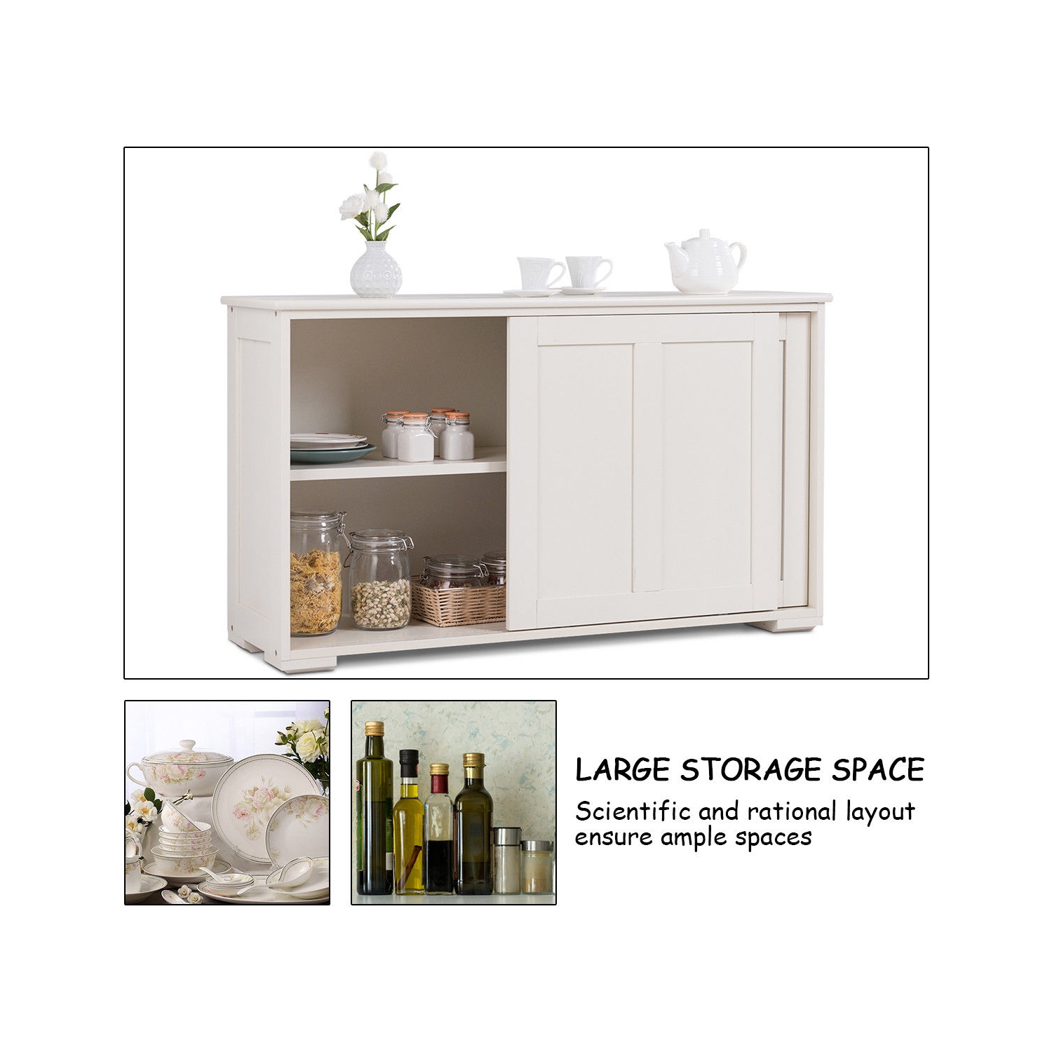 Costway Sideboard Buffet Cabinet Kitchen Storage Cabinet with Adjustable Shelf & Sliding Door, Stackable Sideboard Storage Cabinet, Cream White
