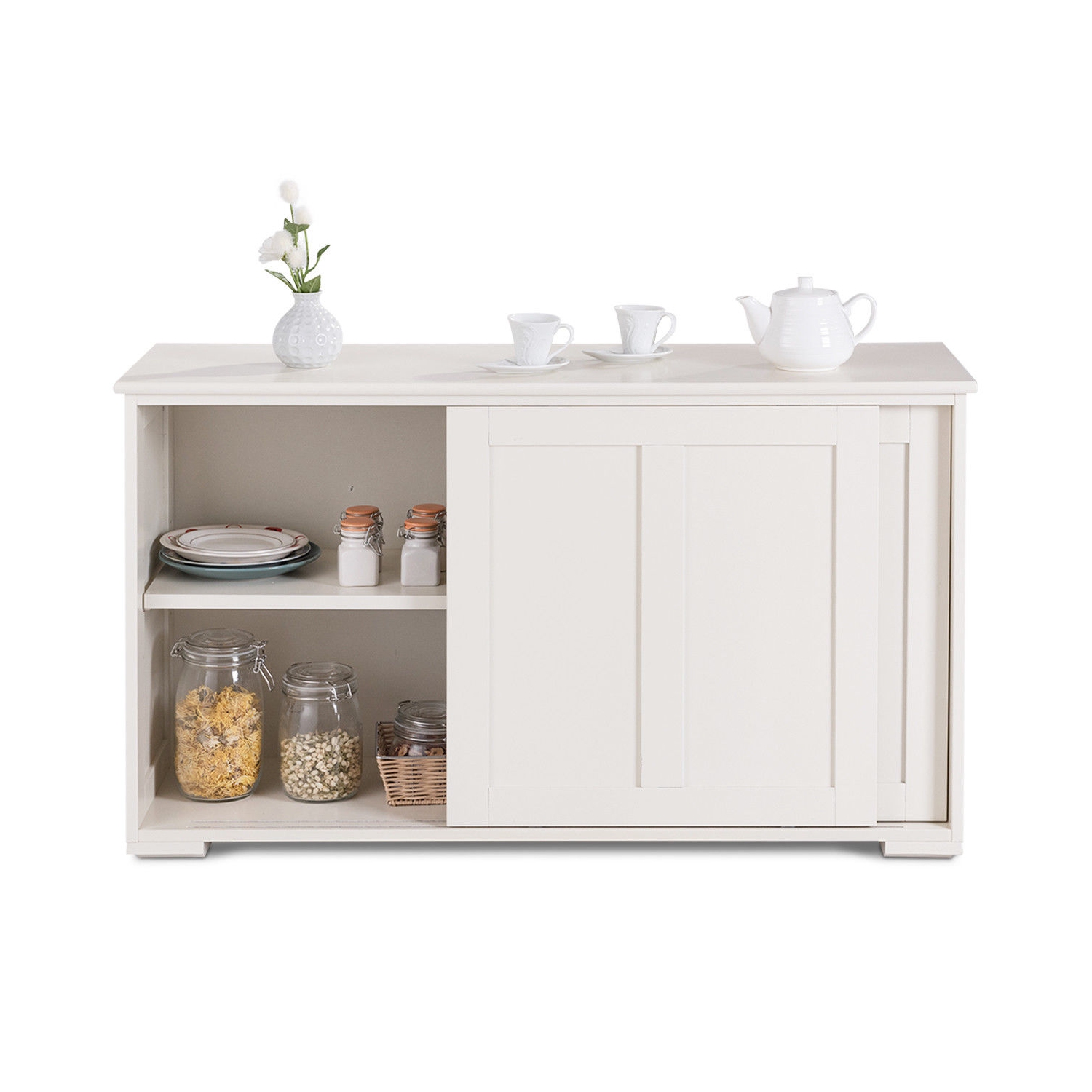 Costway Sideboard Buffet Cabinet Kitchen Storage Cabinet with Adjustable Shelf & Sliding Door, Stackable Sideboard Storage Cabinet, Cream White