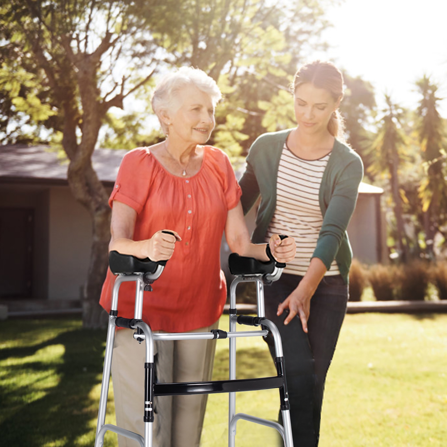 Costway – marcheur standard pliable avec roues de 5 po et accoudoirs rembourrés amovibles 440&nbsp;lb, aide à la marche légère, plateforme repliable