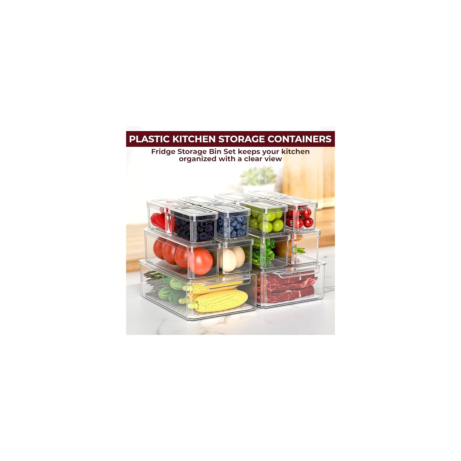 Fridge Organizer, Stackable Refrigerator Organizer Bin with lids, Clear Plastic Pantry Organizer Bins, Freezer Organizers Kitchen Storage and