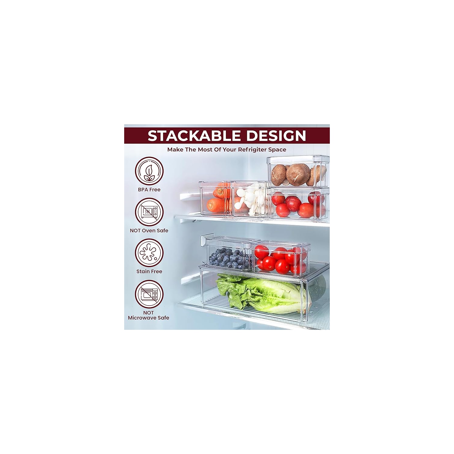 Fridge Organizer, Stackable Refrigerator Organizer Bin with lids, Clear Plastic Pantry Organizer Bins, Freezer Organizers Kitchen Storage and